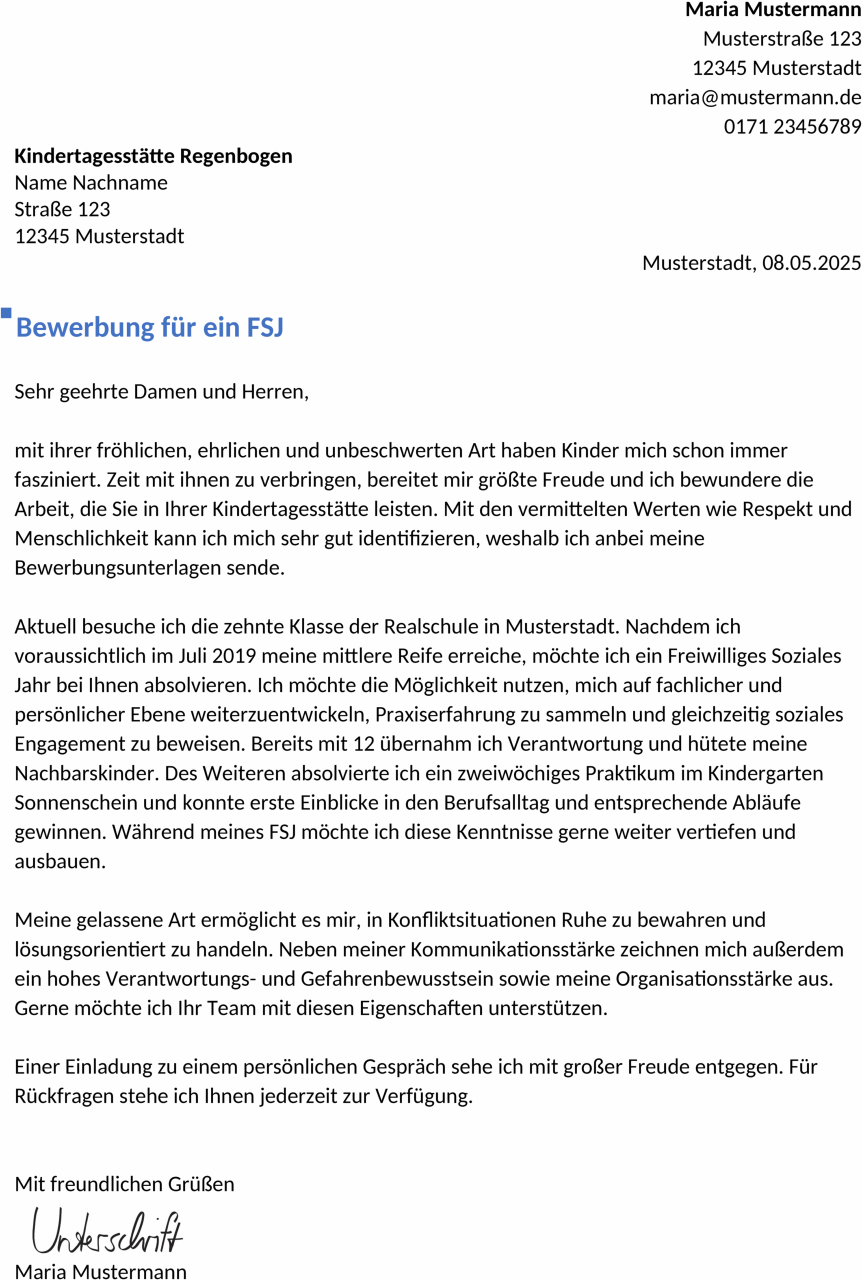 Word-Dokument Bewerbung Anschreiben FSJ