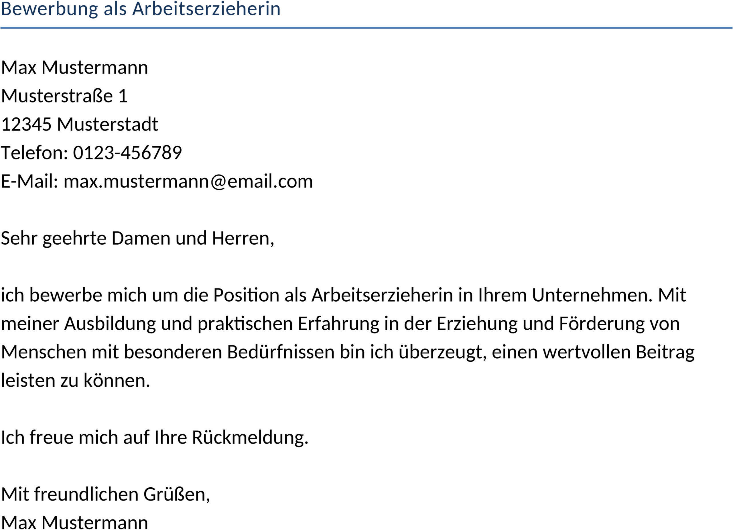 Bewerbungsvorlage als Arbeitserzieherin