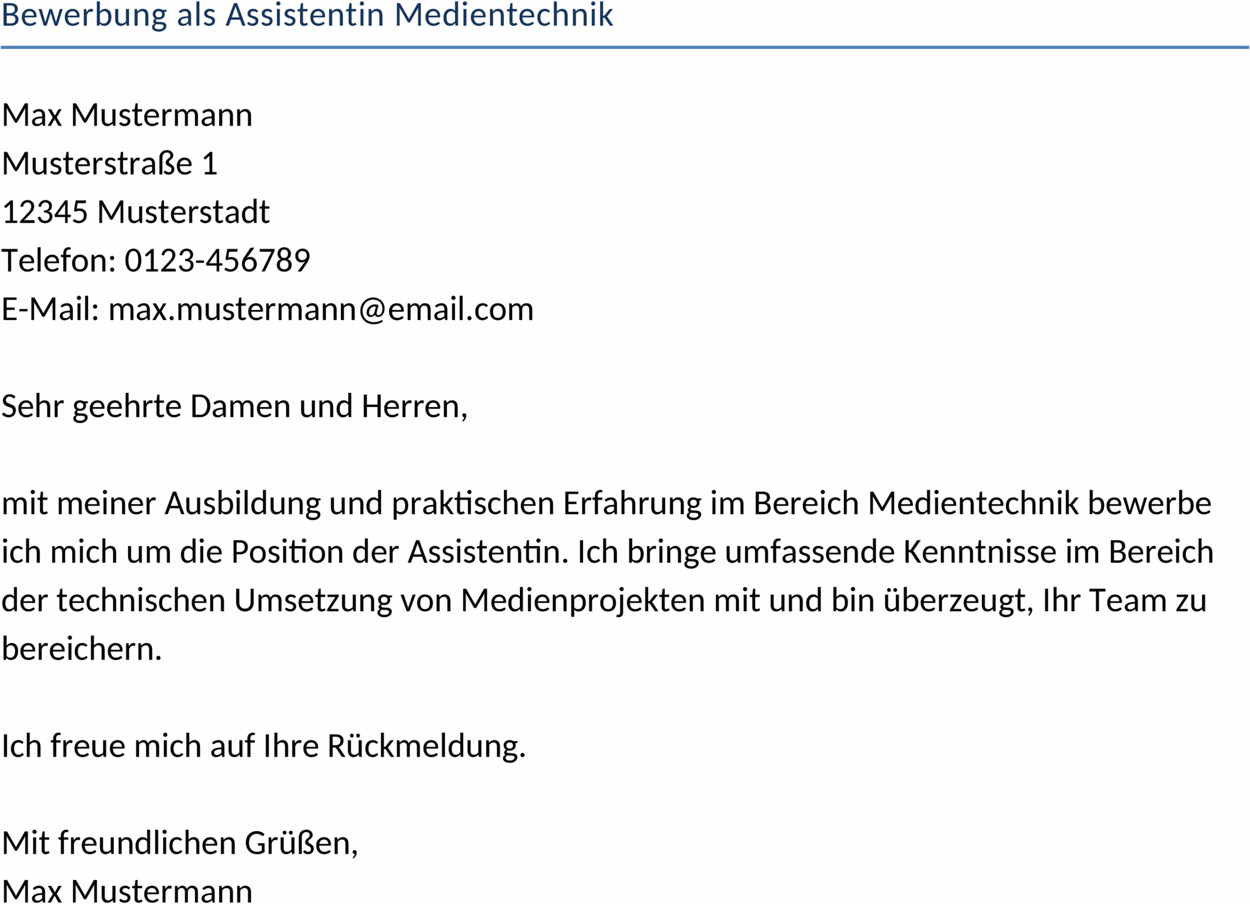 Bewerbungsvorlage Assistentin Medientechnik