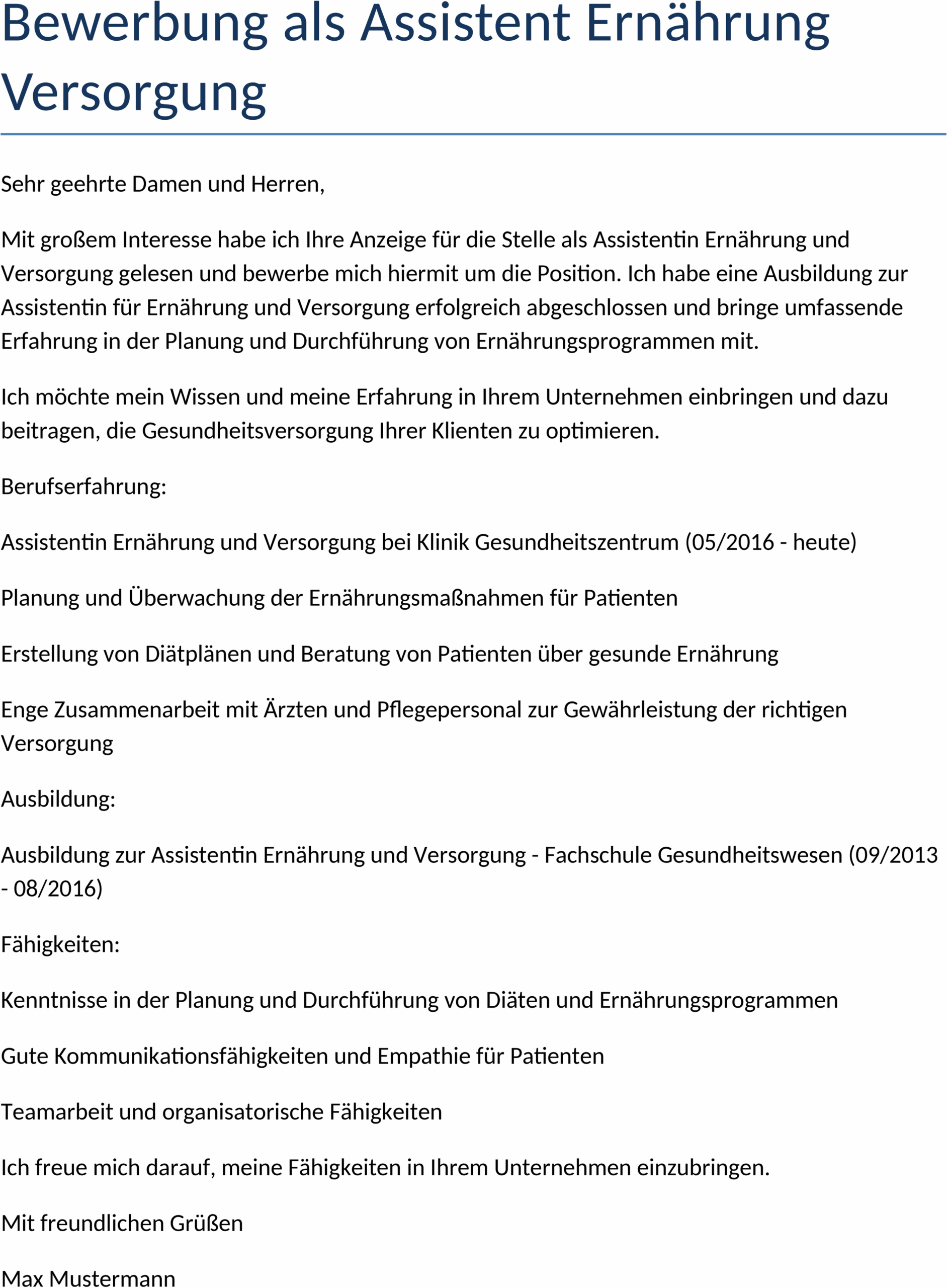Word-Vorlage für Bewerbung als Assistent Ernährung