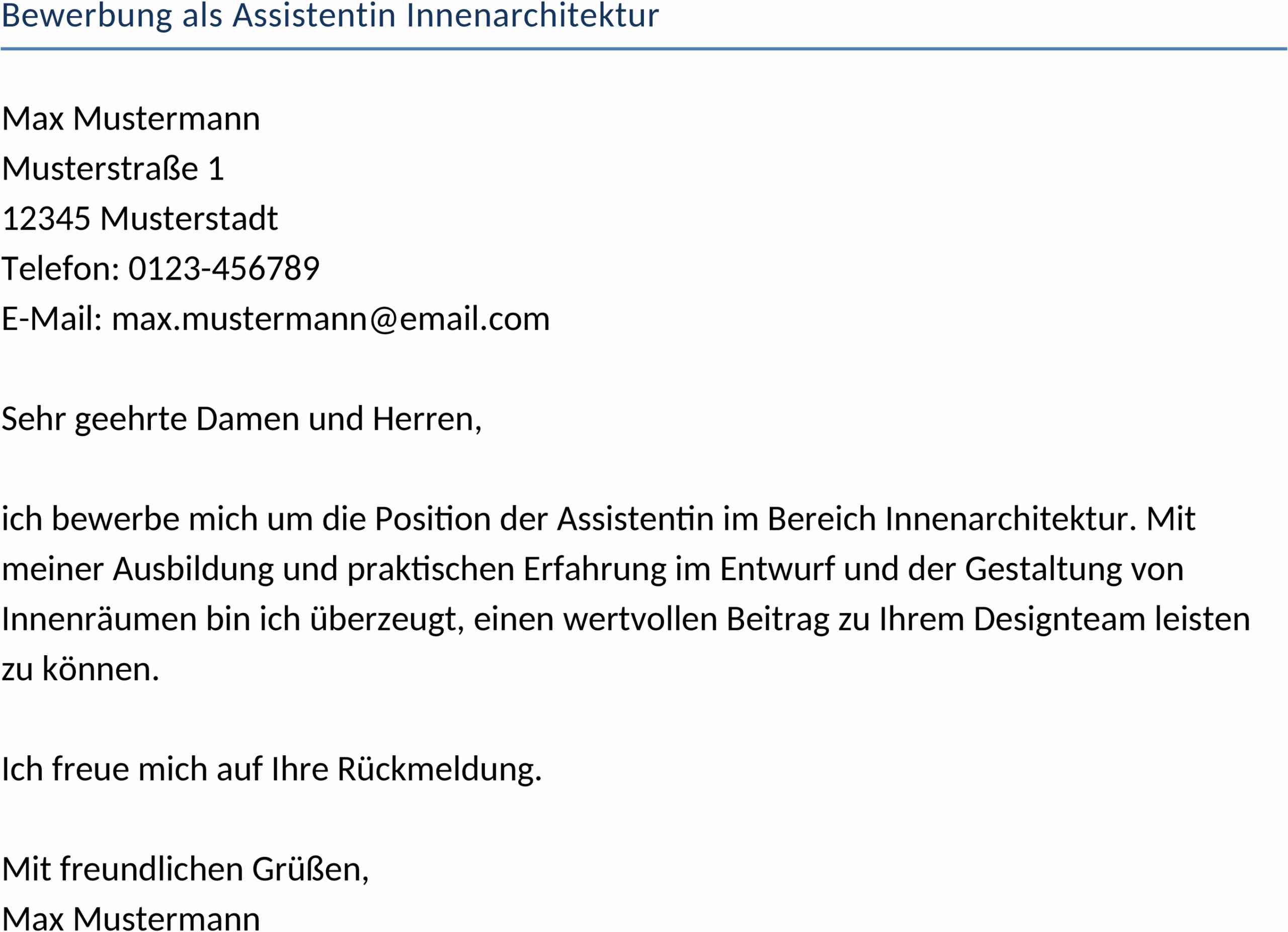 Bewerbungsvorlage als Assistentin Innenarchitektur im Word-Format