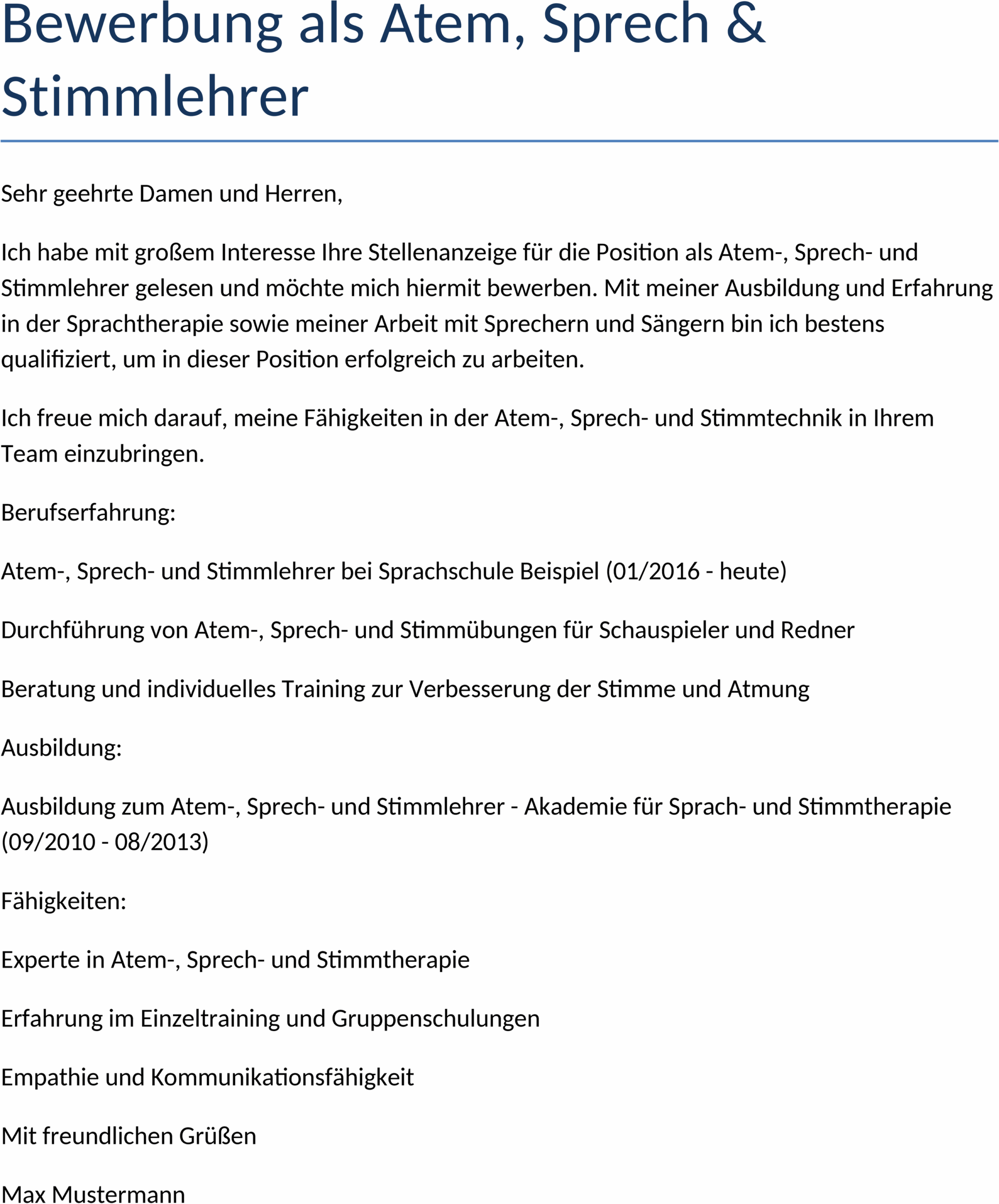 Bewerbungsvorlage Atem-, Sprech- und Stimmlehrer Word