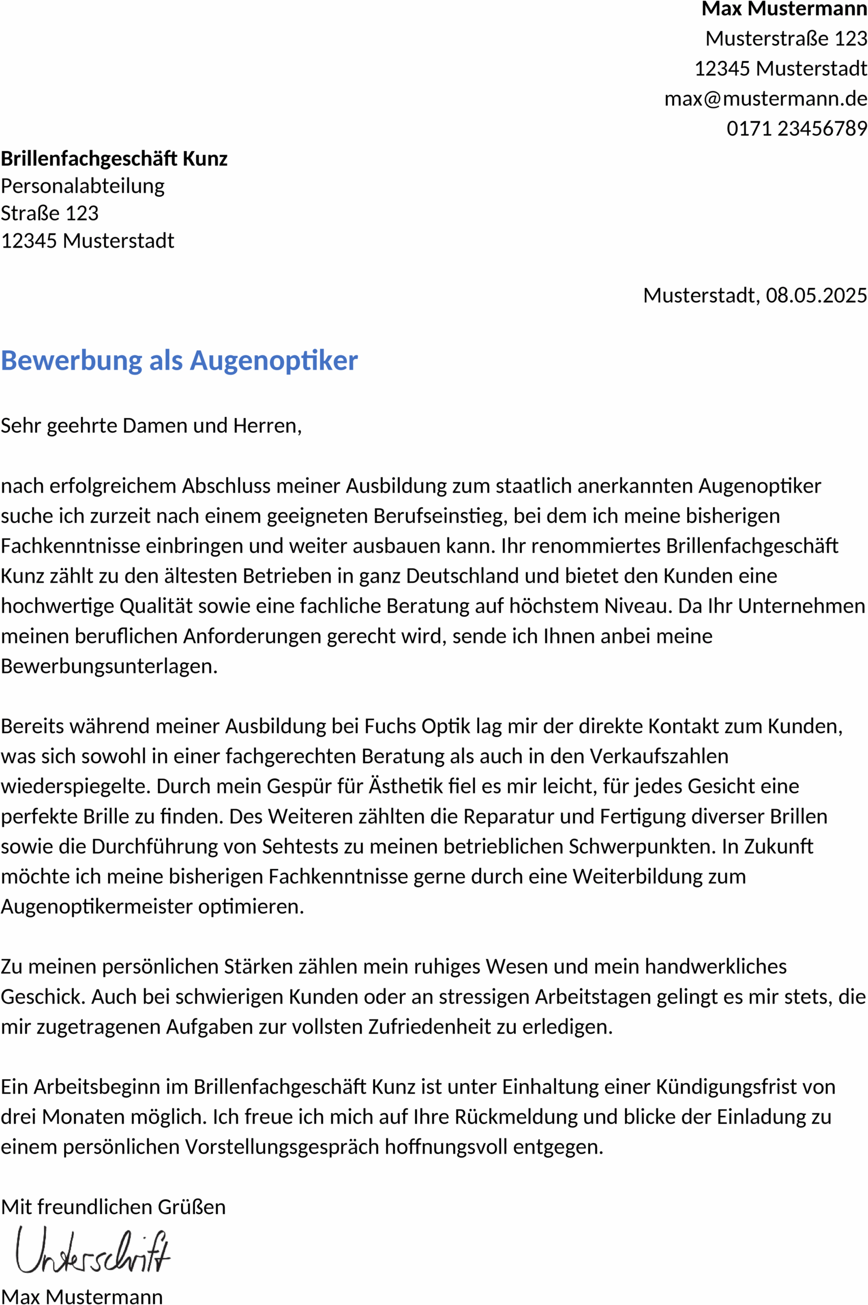 Word-Vorlage Bewerbung AugenoptikerIn Berufseinstieg