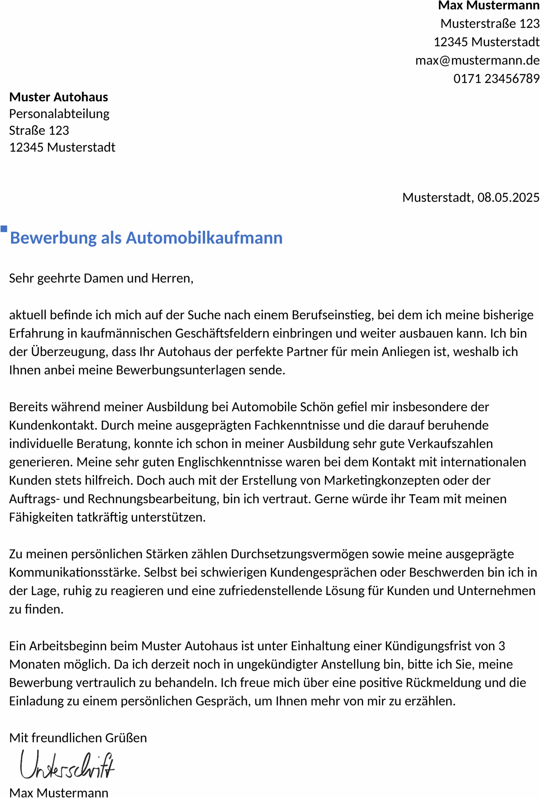 Word-Vorlage Bewerbung Automobilkaufmann/-frau