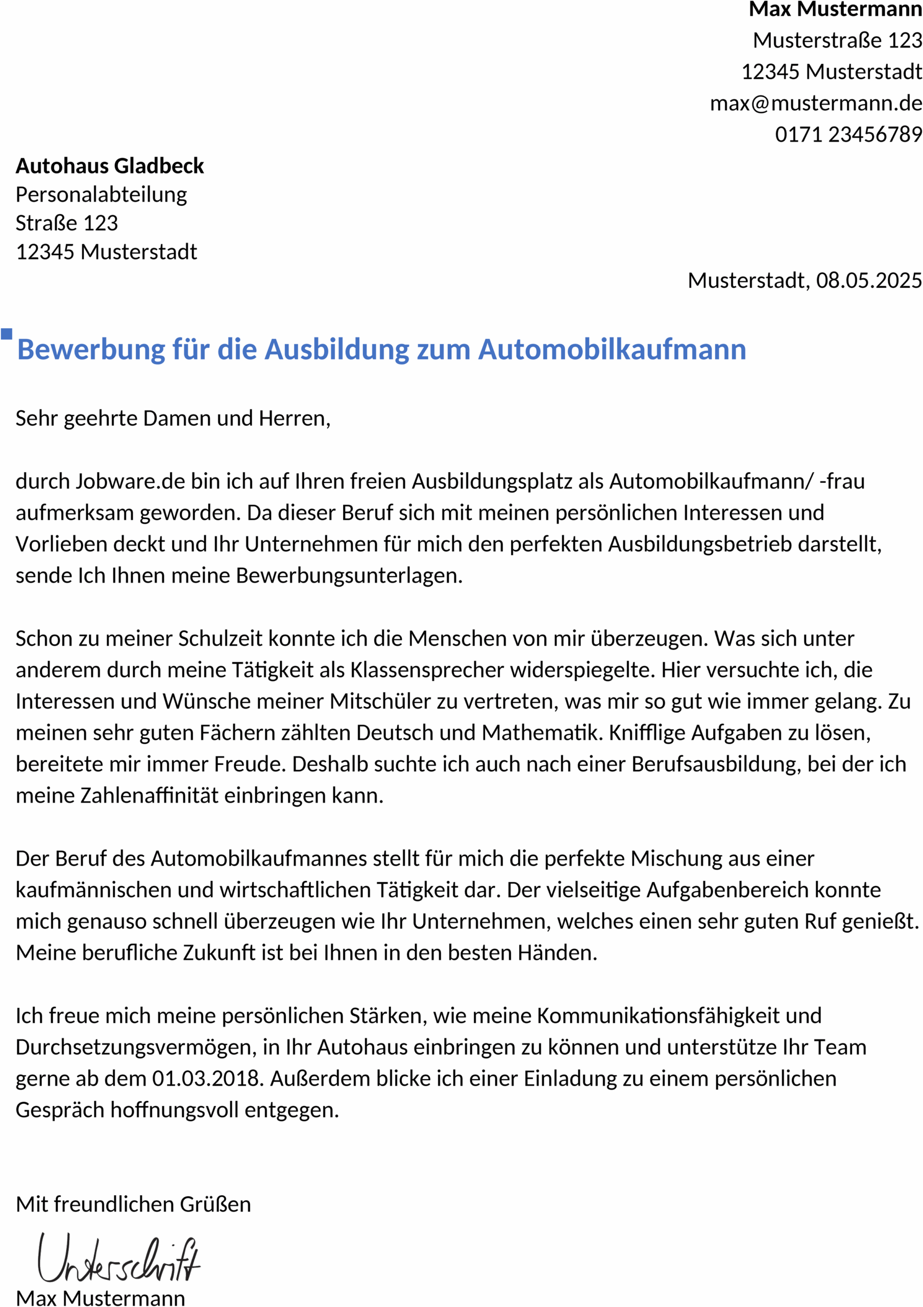Word-Vorlage Bewerbung als Automobilkaufmann/frau