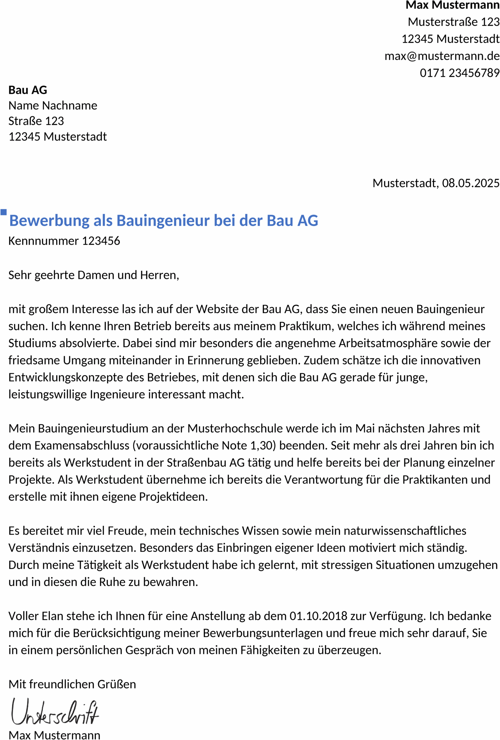 Word-Vorlage Bewerbung für Berufseinstieg Bauingenieurwesen