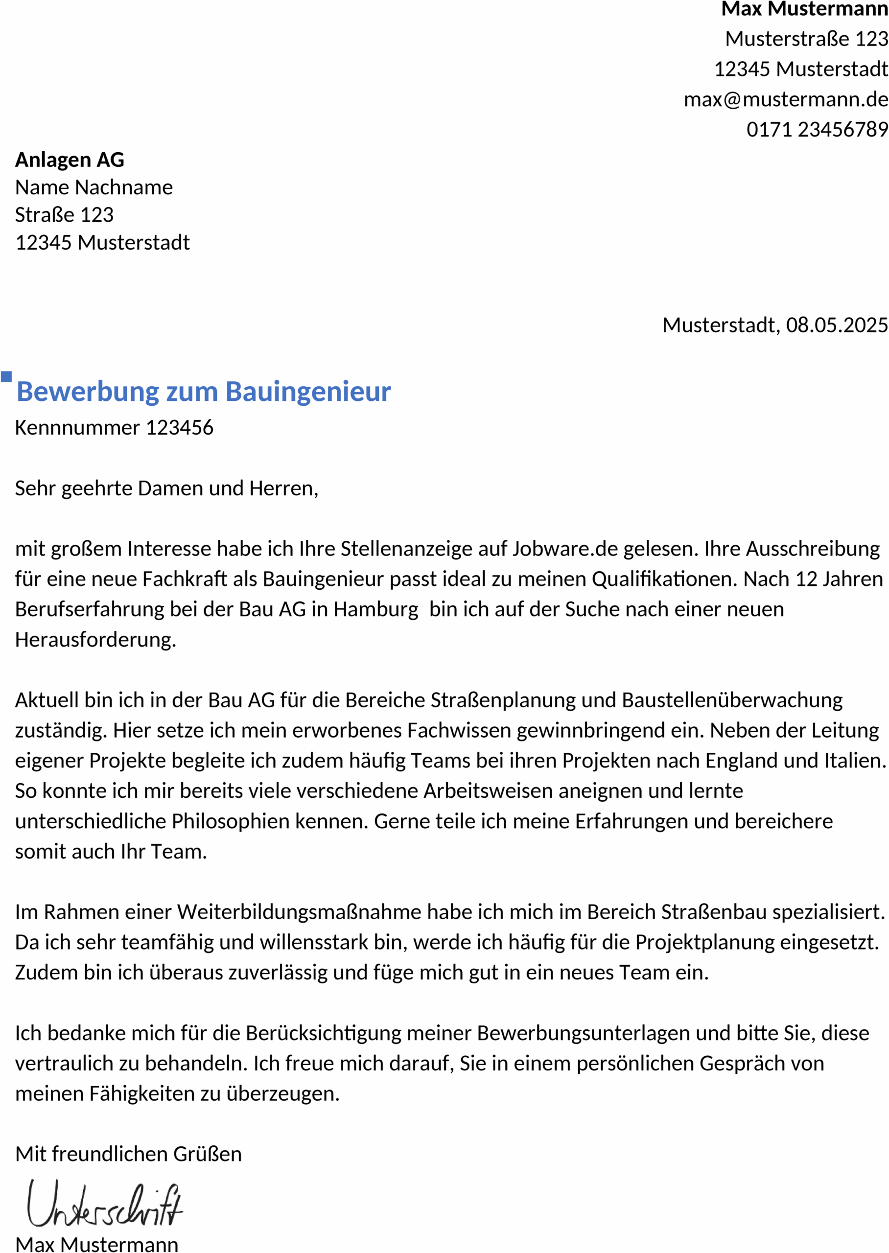 Word-Vorlage Bewerbung Bauingenieur Berufserfahren