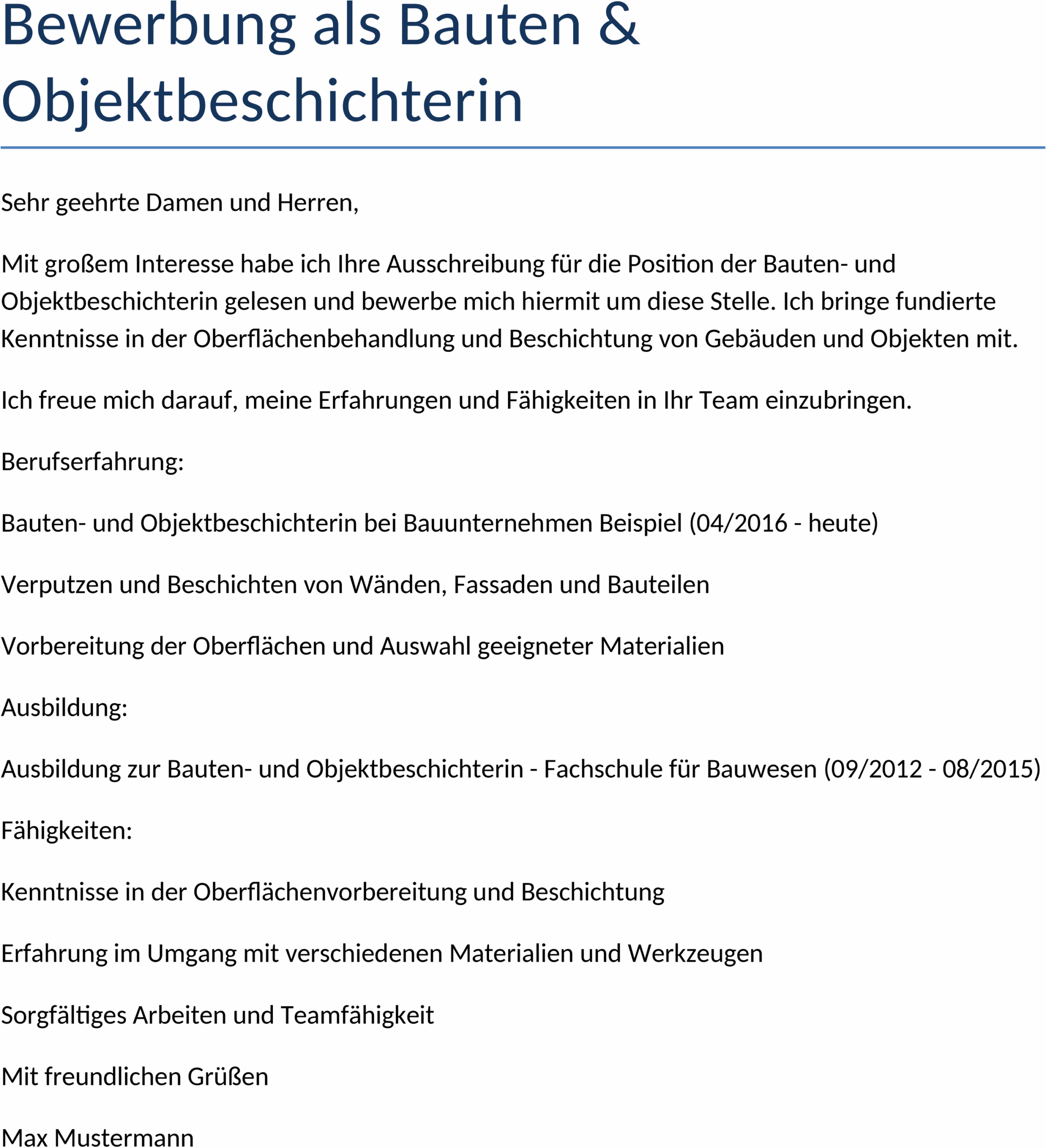 Bewerbungsvorlage Bauten- und Objektbeschichter/in