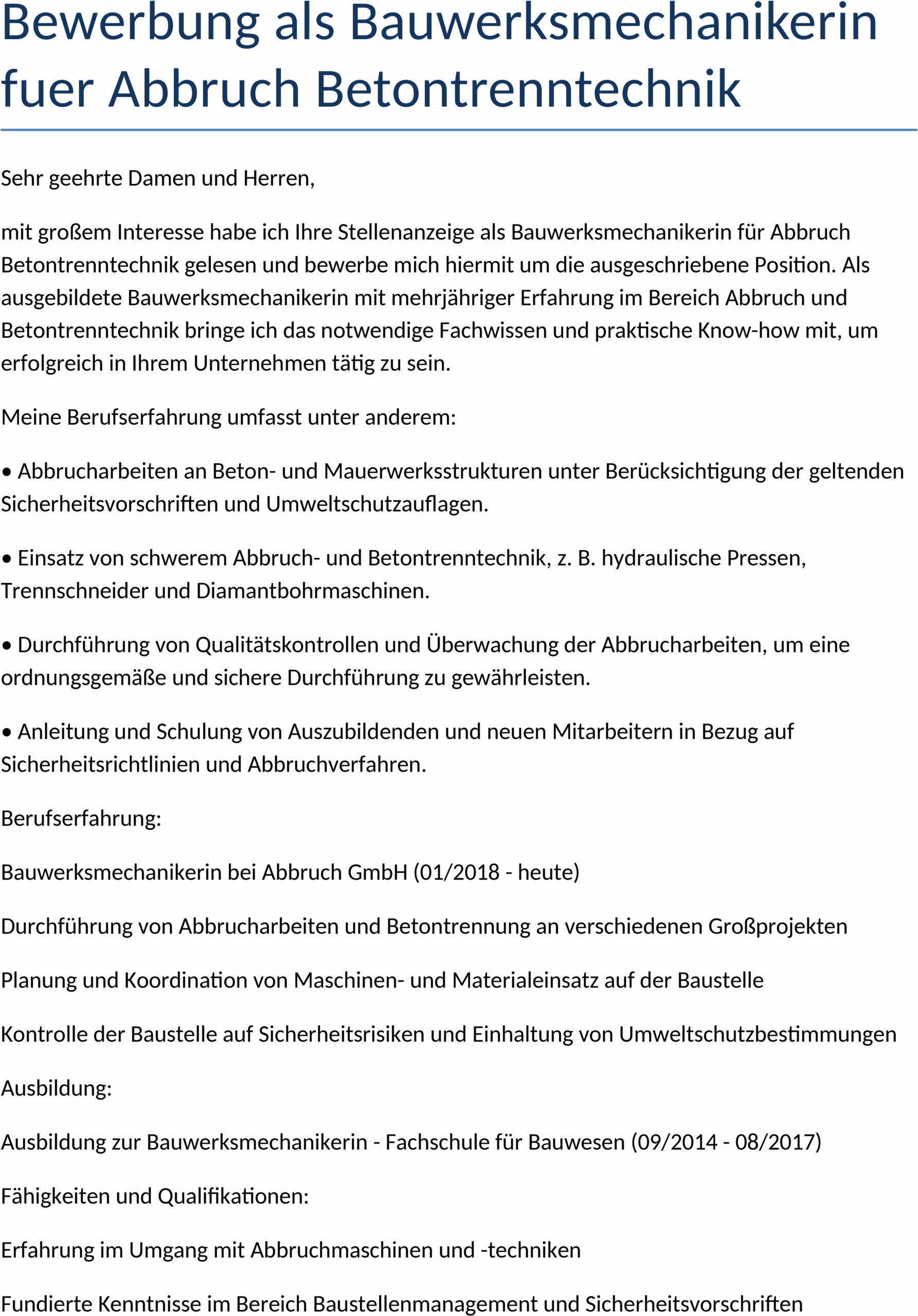Bewerbungsvorlage als Bauwerksmechanikerin für Abbruch- und Betontrenntechnik