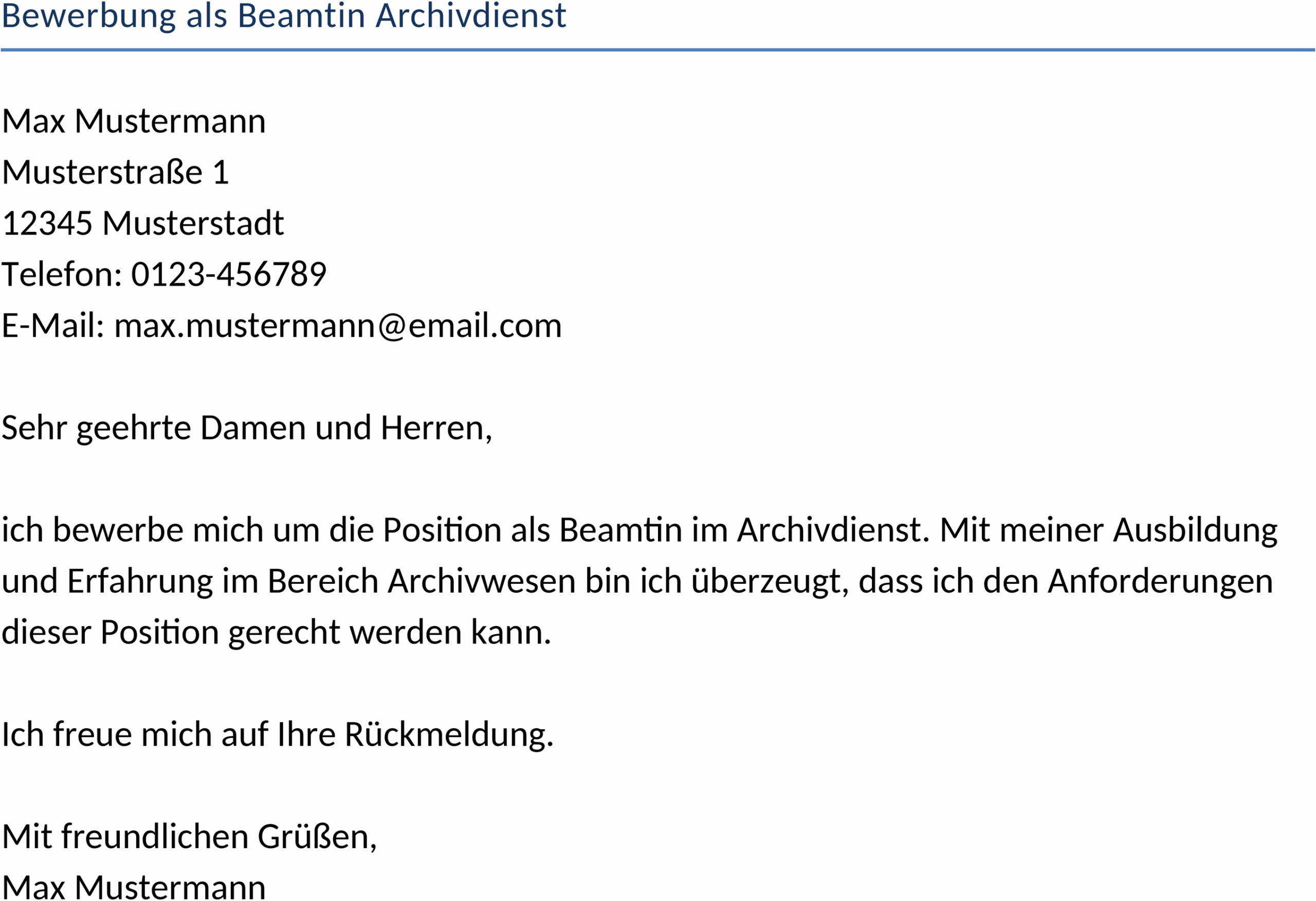 Bewerbungsvorlage für Beamtin im Archivdienst