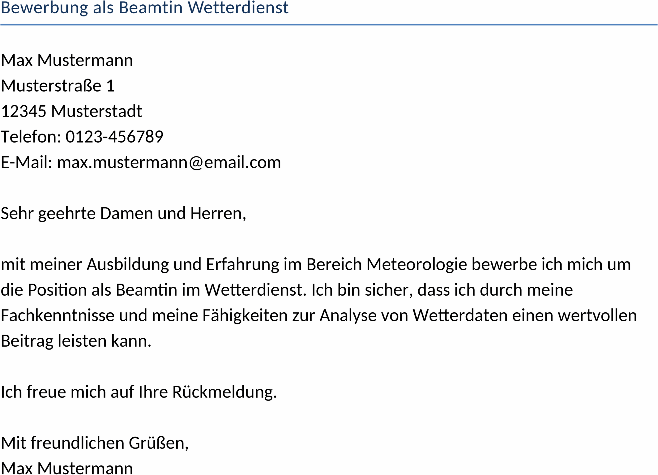 Bewerbungsvorlage als Beamtin im Wetterdienst