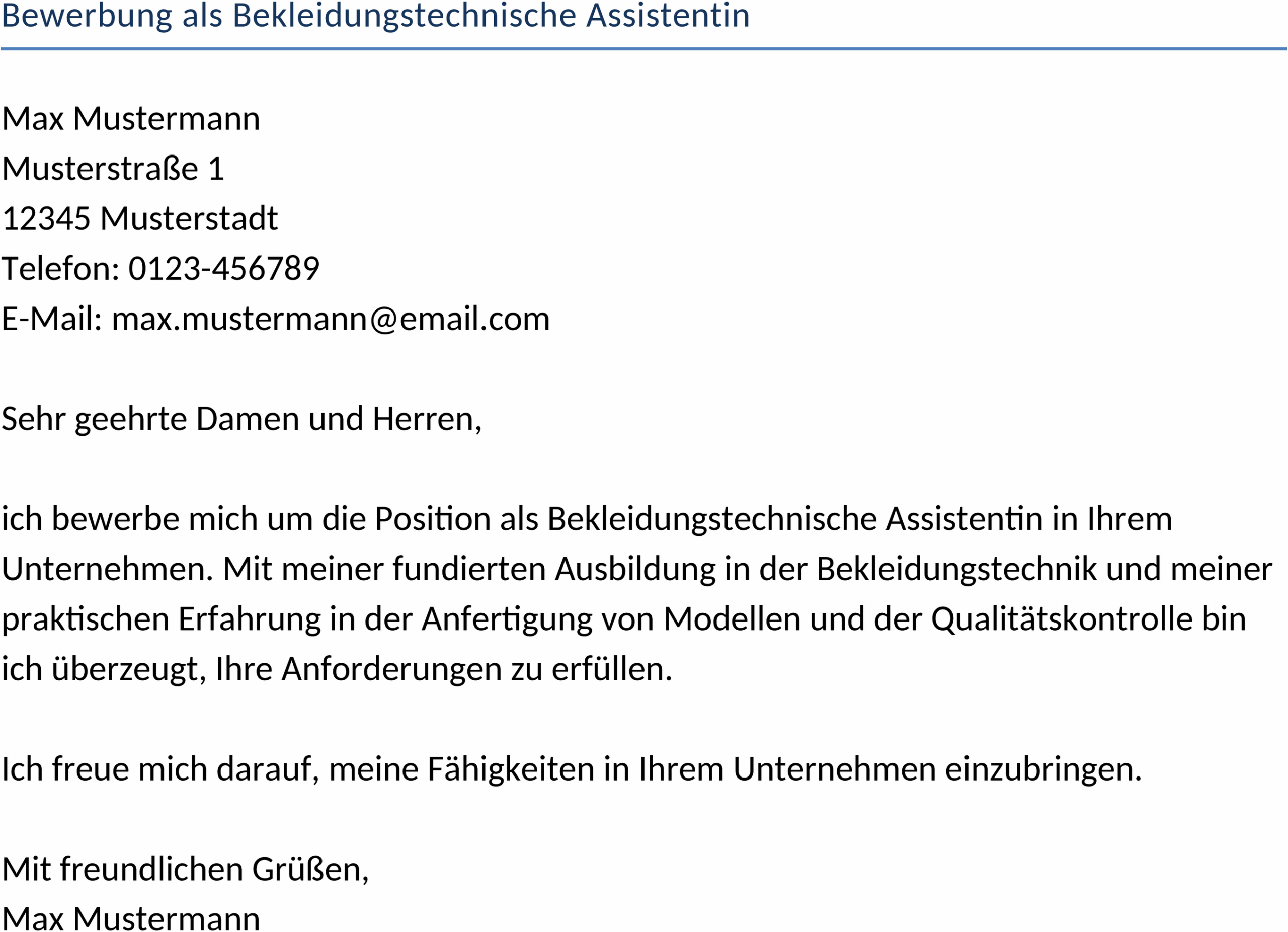 Word Vorlage Bewerbung als Bekleidungstechnische Assistentin