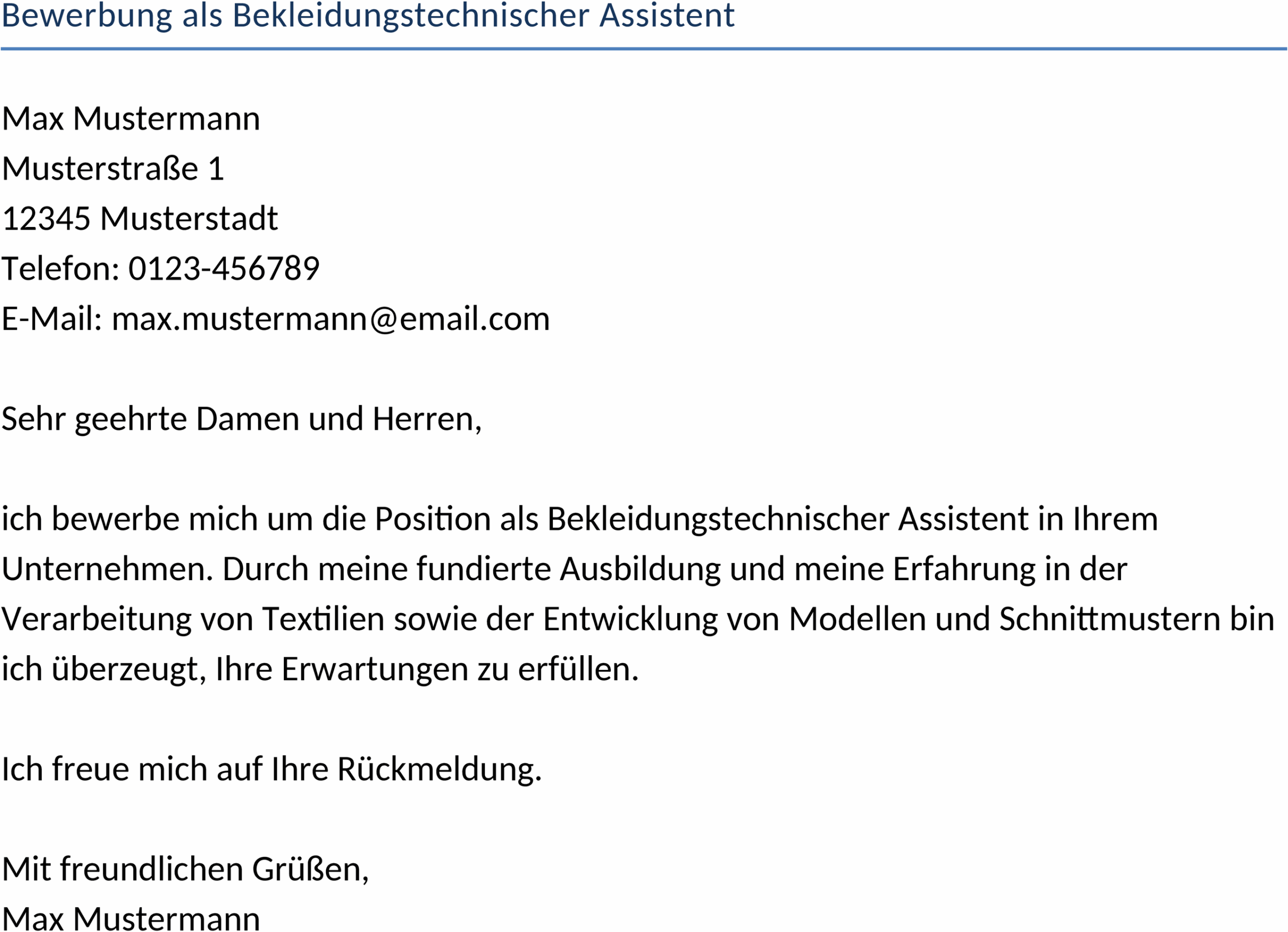 Word-Vorlage Bewerbung Bekleidungstechnischer Assistent
