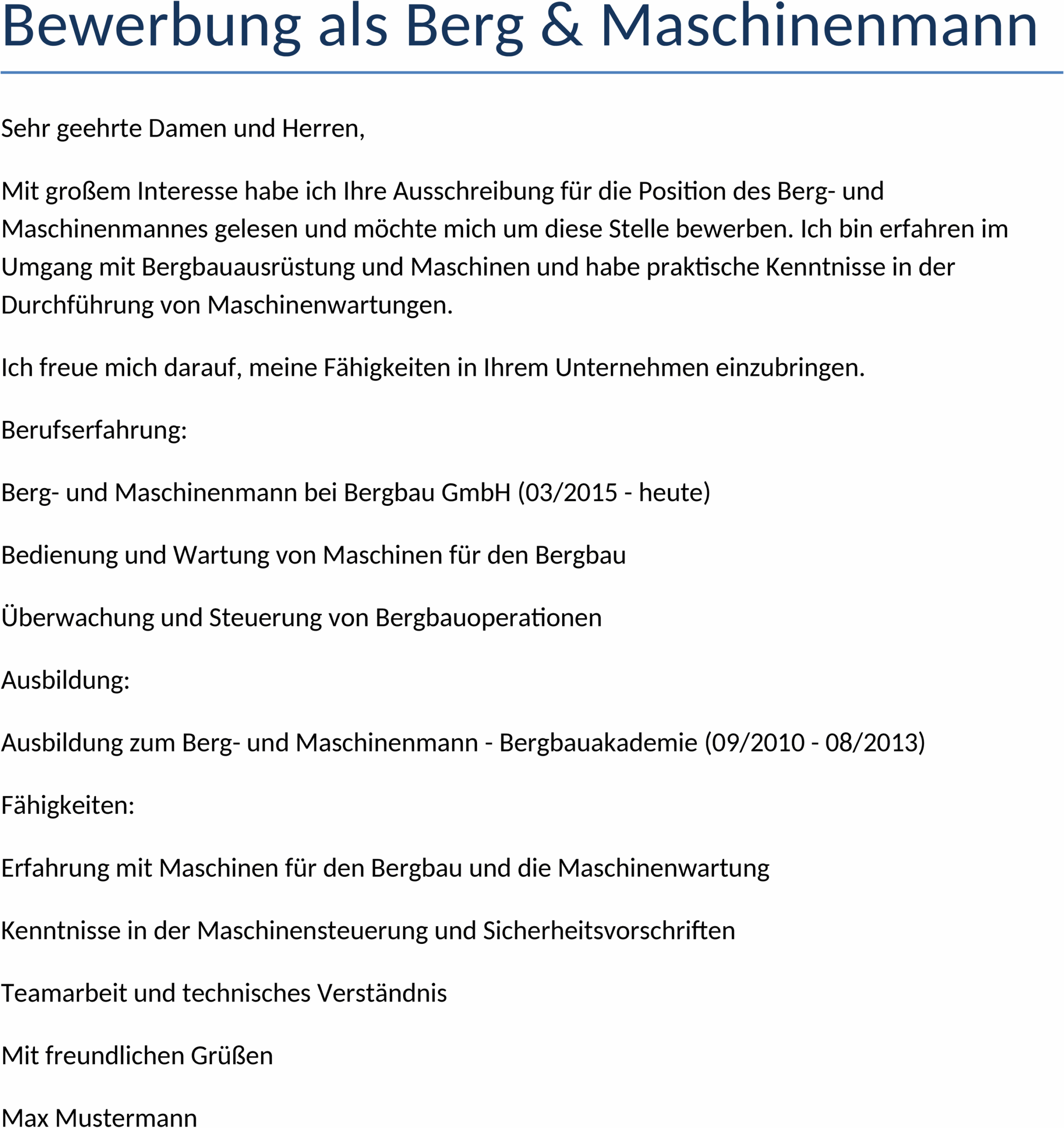 Word-Vorlage Bewerbung für Bergmaschinenführer