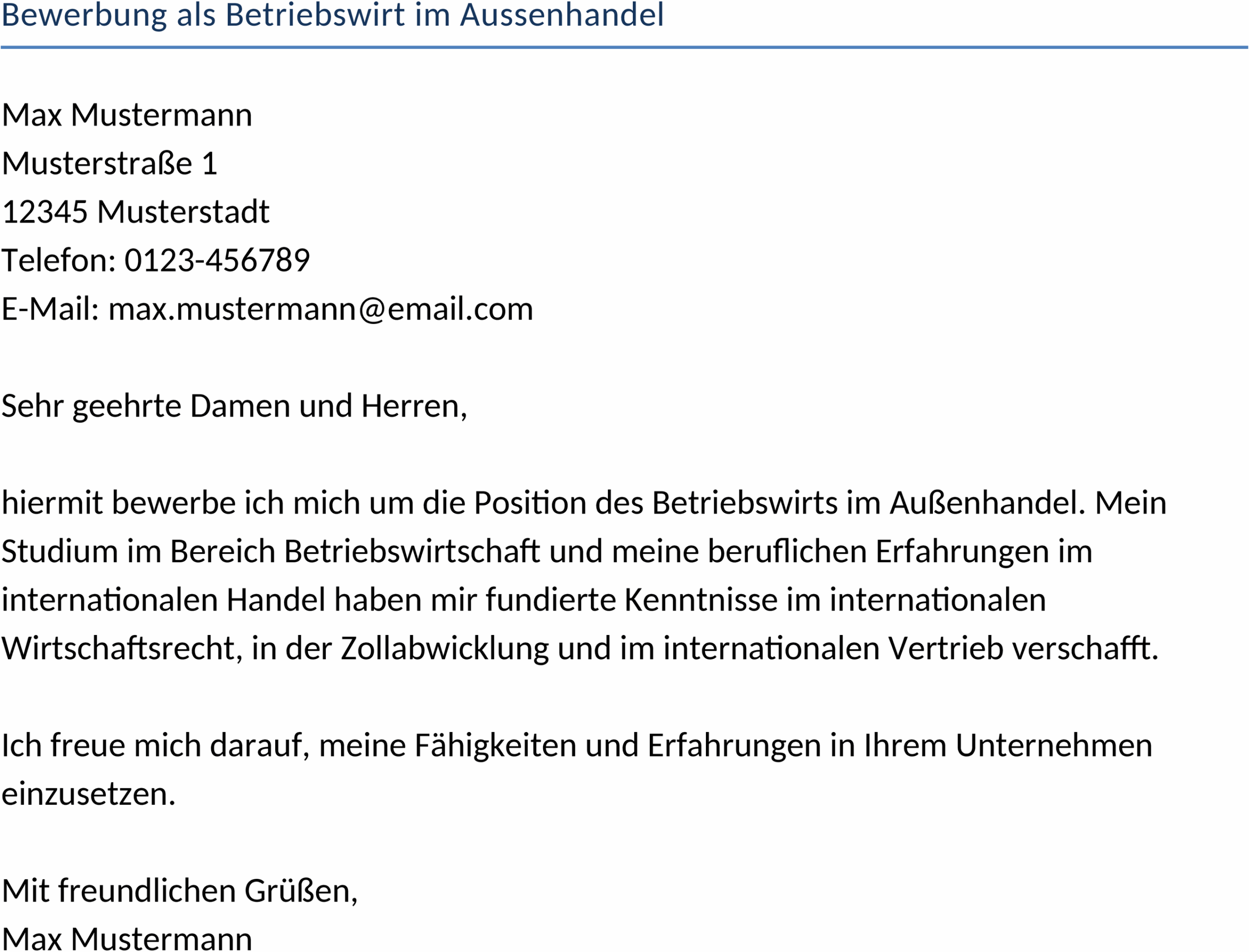 Word-Vorlage für eine Bewerbung als Betriebswirt im Außenhandel