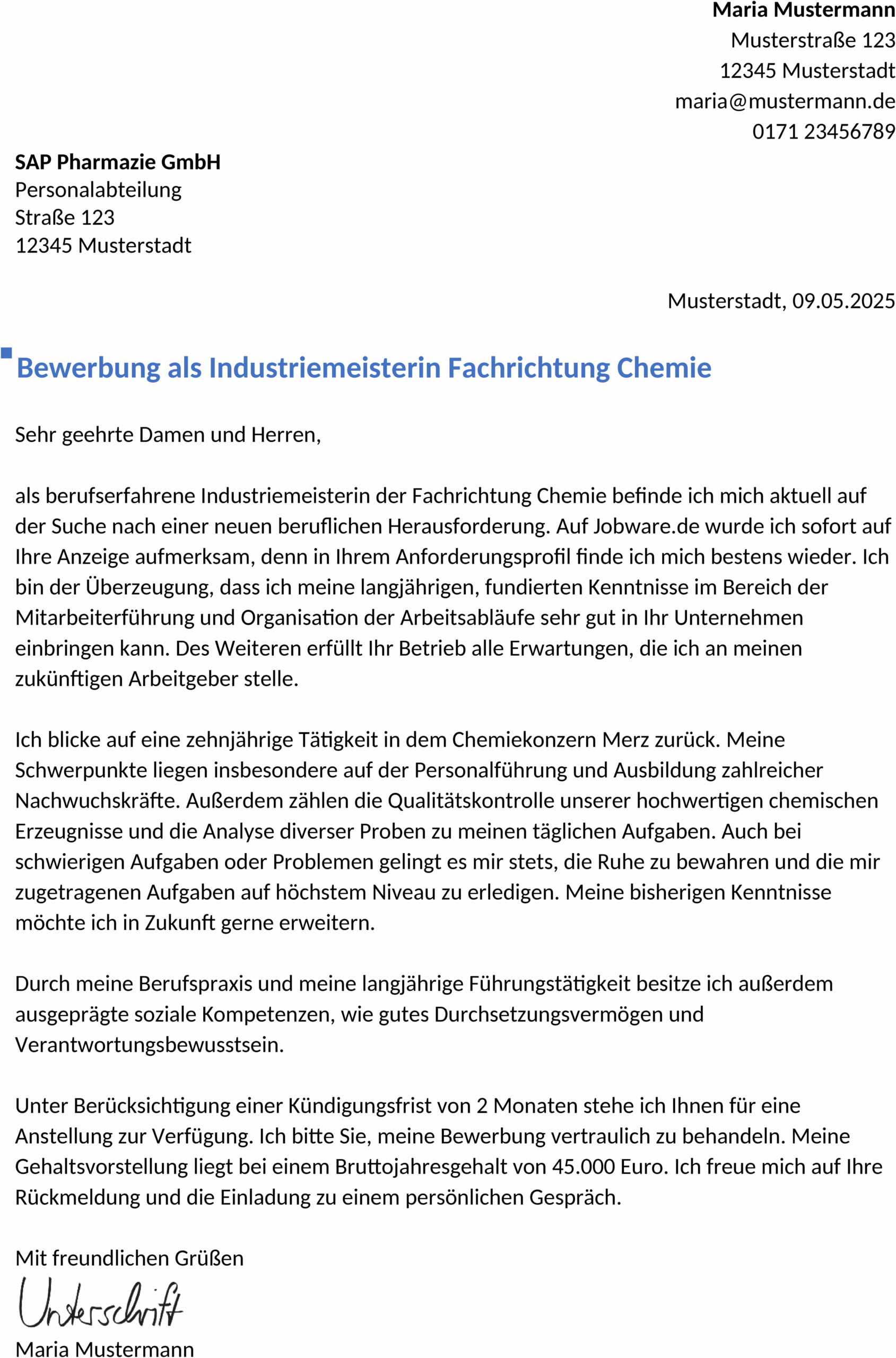 Bewerbungsvorlage Chemikant/in Berufserfahren