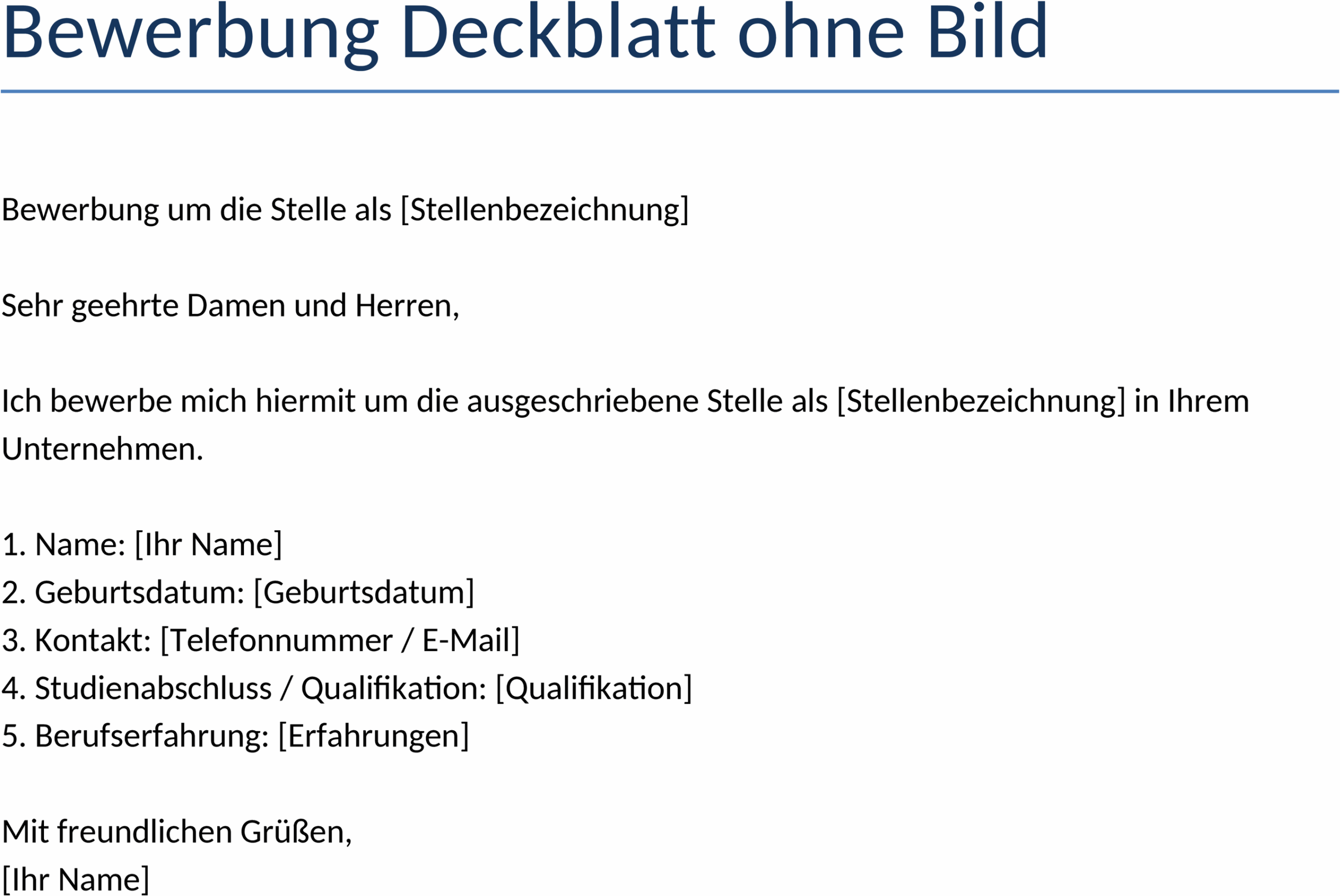 Bewerbung Deckblatt Ohne Bild Vorlage