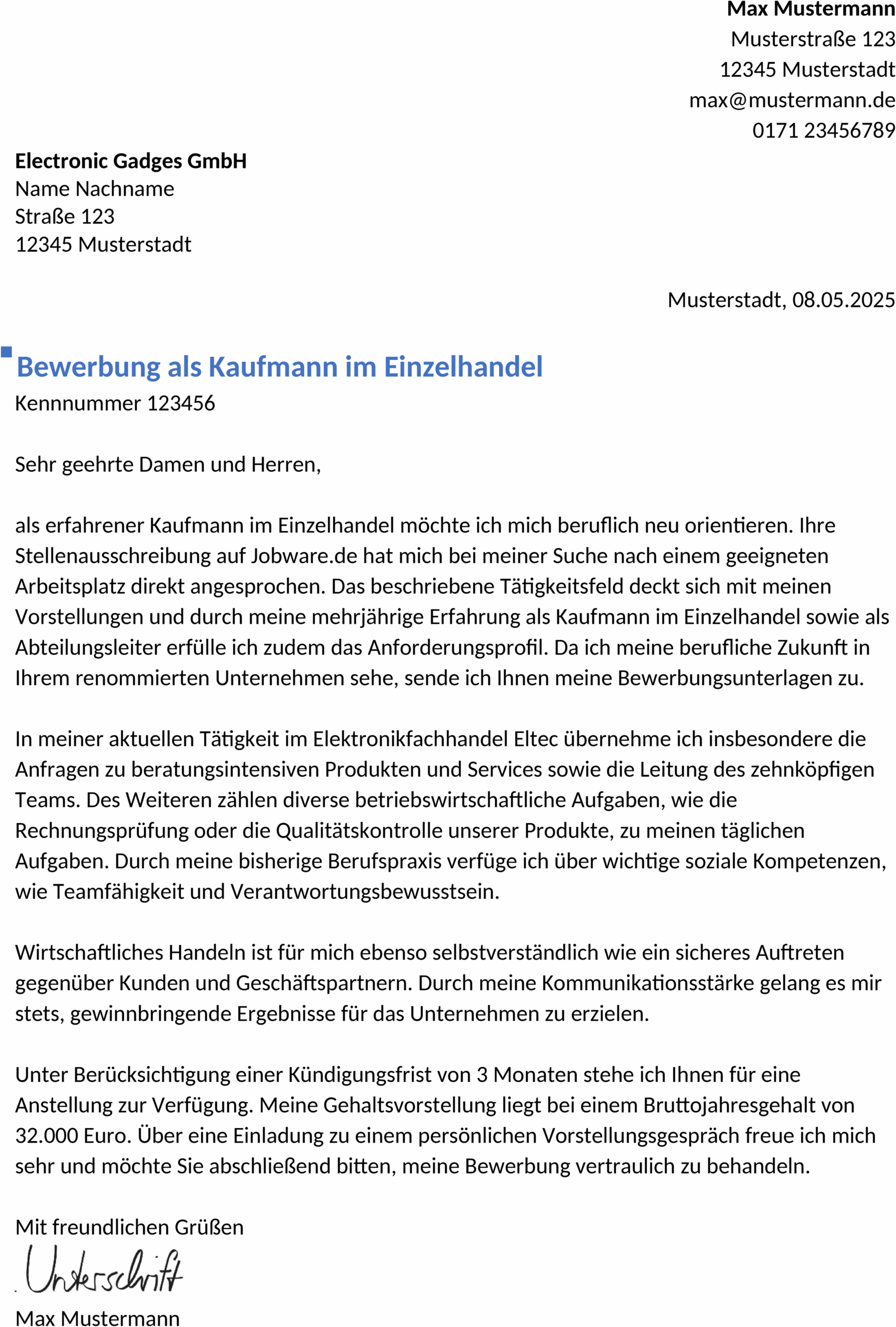 Word-Vorlage Bewerbung Einzelhandelskaufleute Berufserfahren