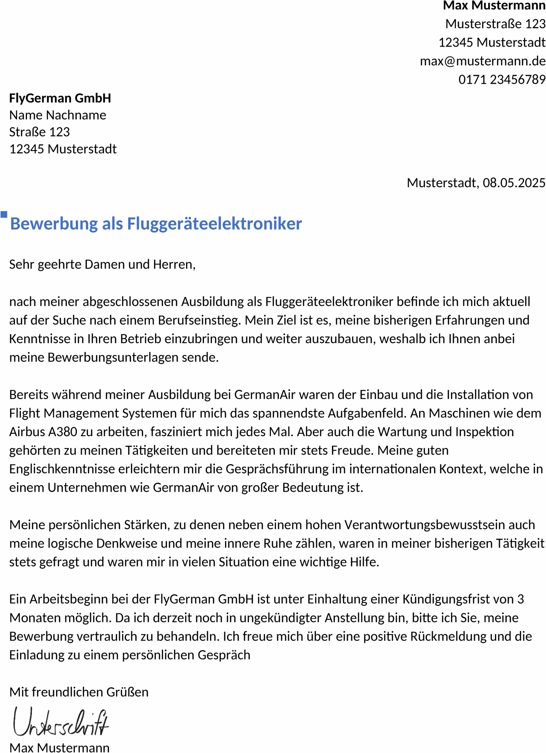 Word-Vorlage Bewerbung ElektronikerIn Berufseinstieg