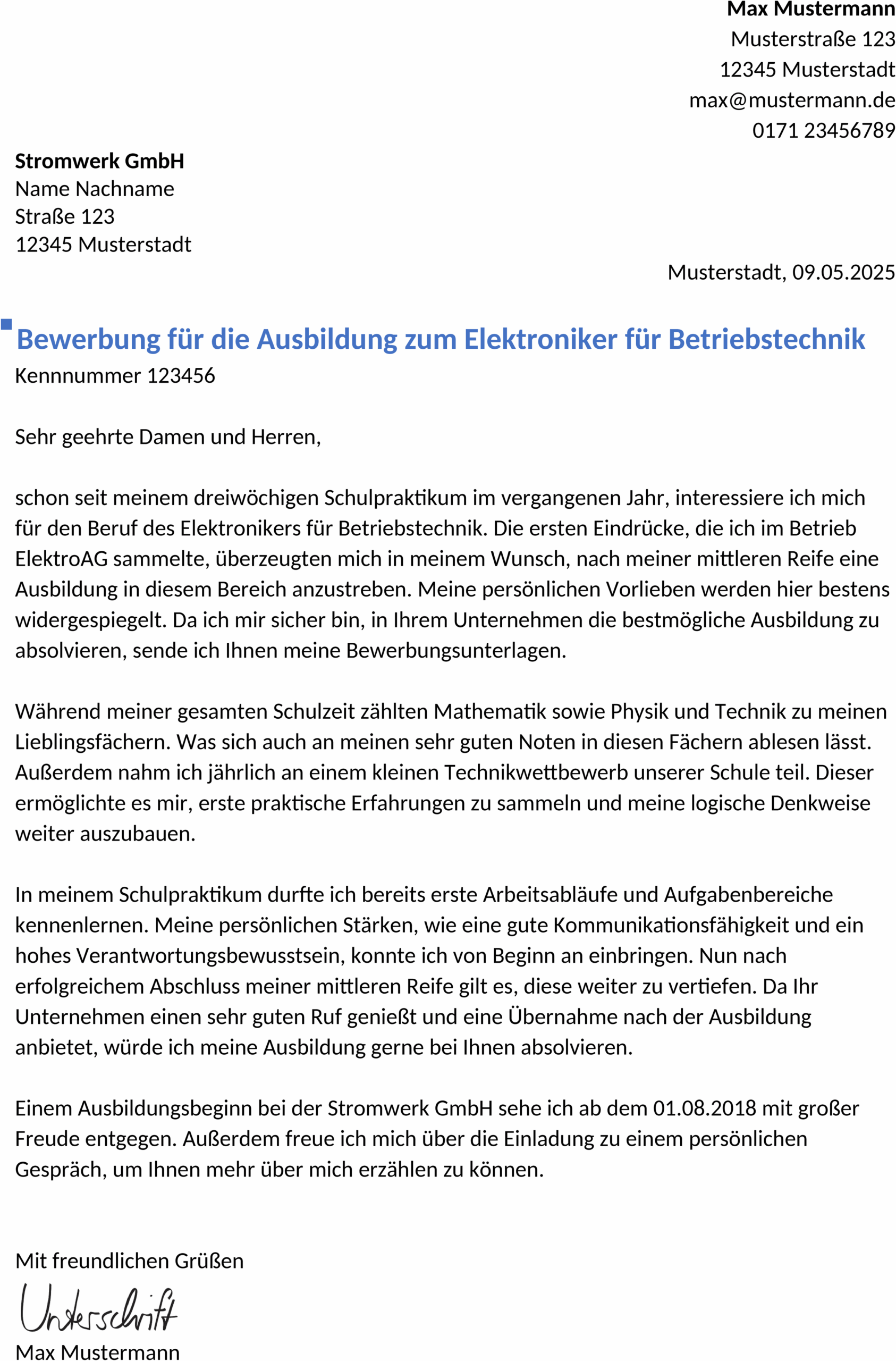 Word-Vorlage Bewerbung ElektronikerIn Ausbildung