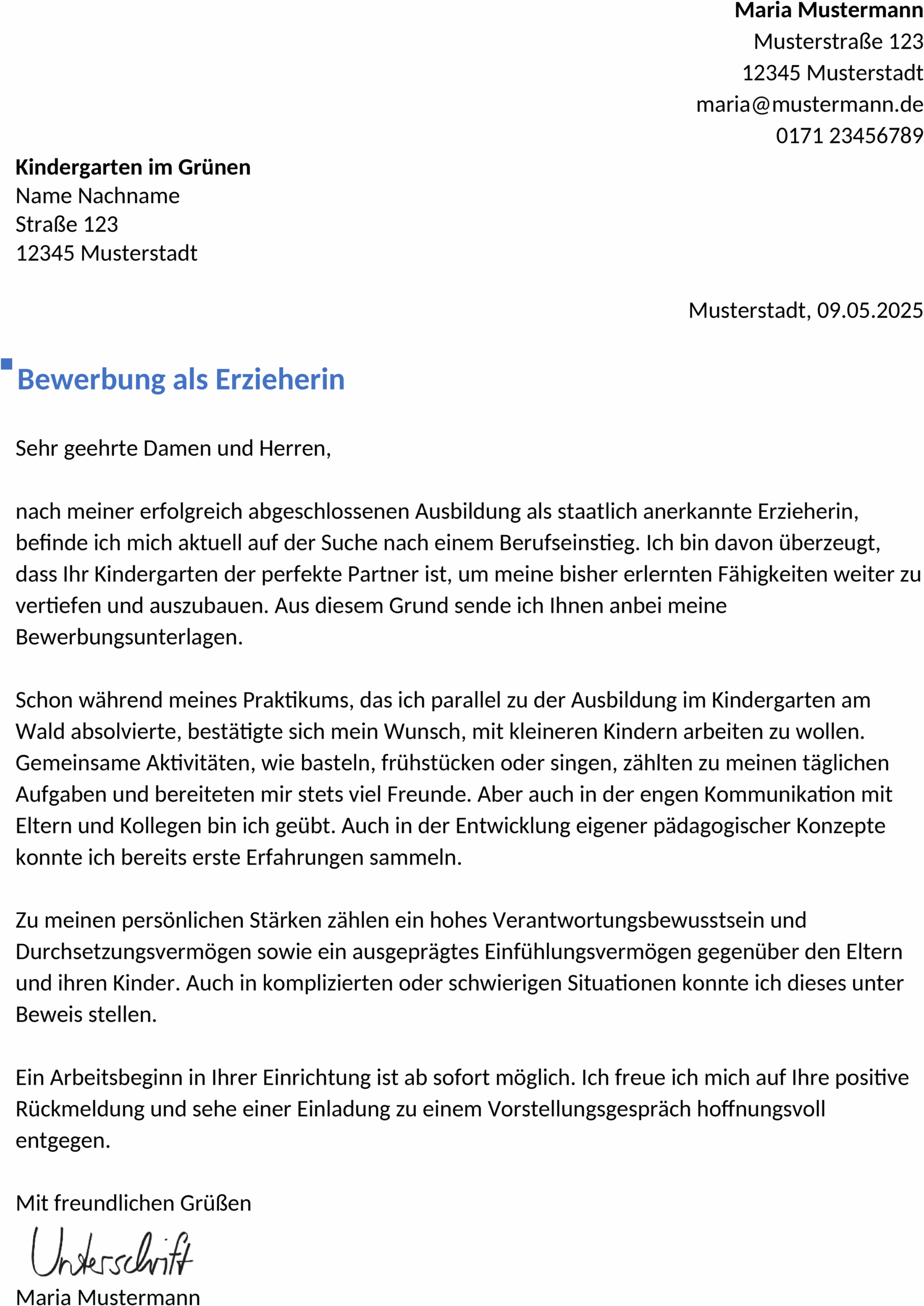 Bewerbungsvorlage für Erzieher/innen im Berufseinstieg