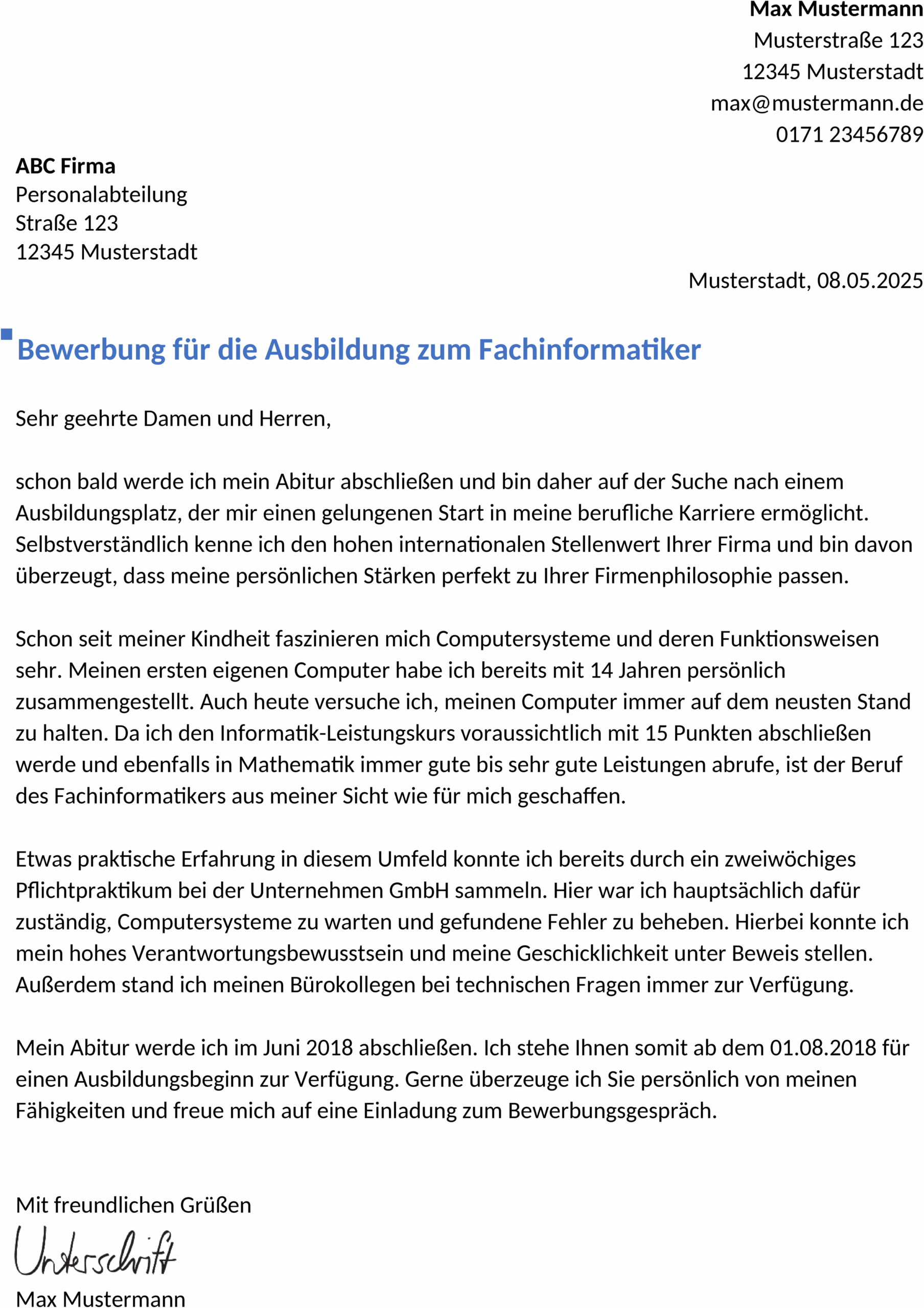 Word-Vorlage Bewerbung Fachinformatiker/in Ausbildung