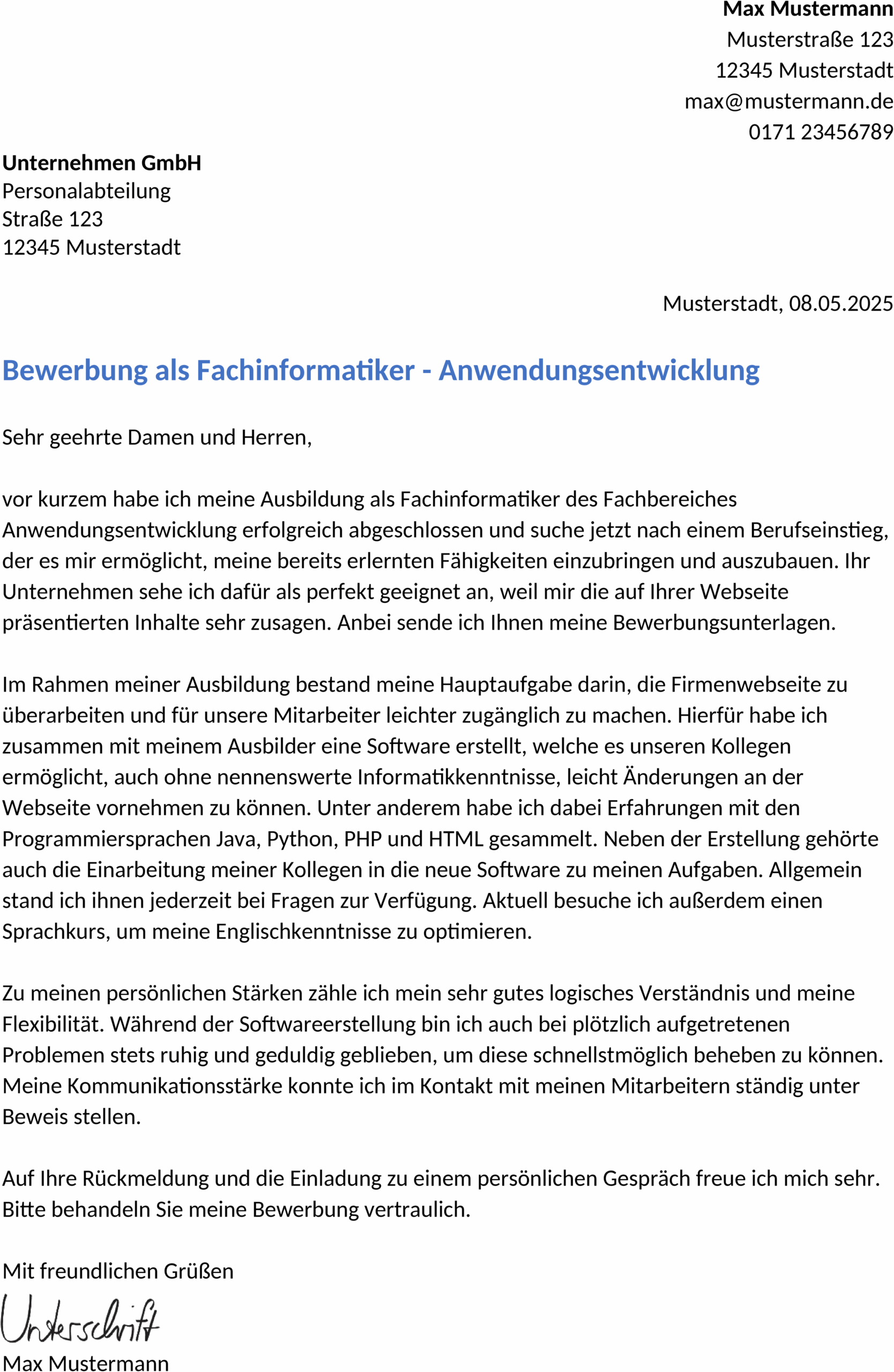 Word Vorlage Bewerbung Fachinformatiker Berufseinstieg