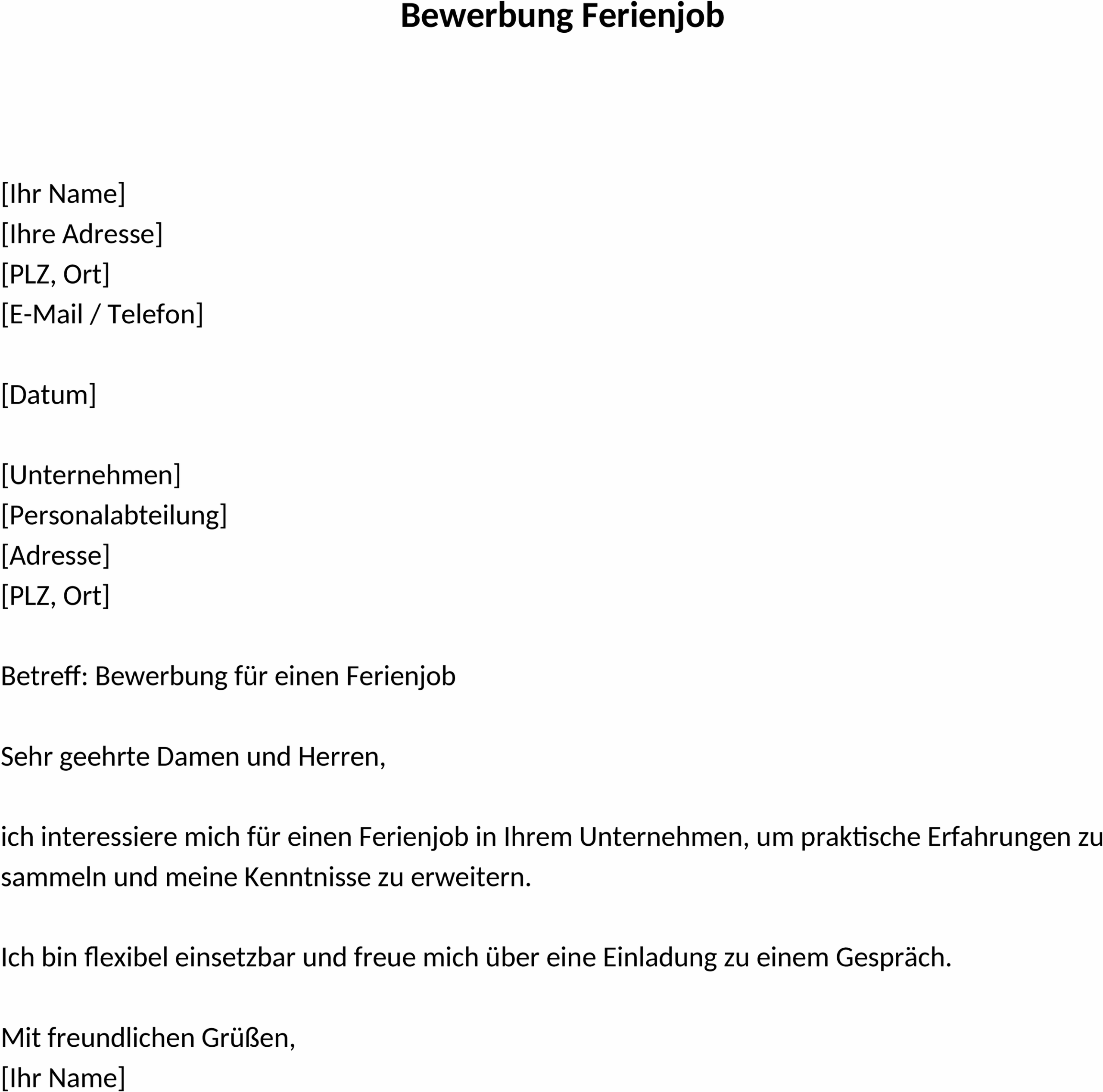 Word-Vorlage Bewerbung Ferienjob