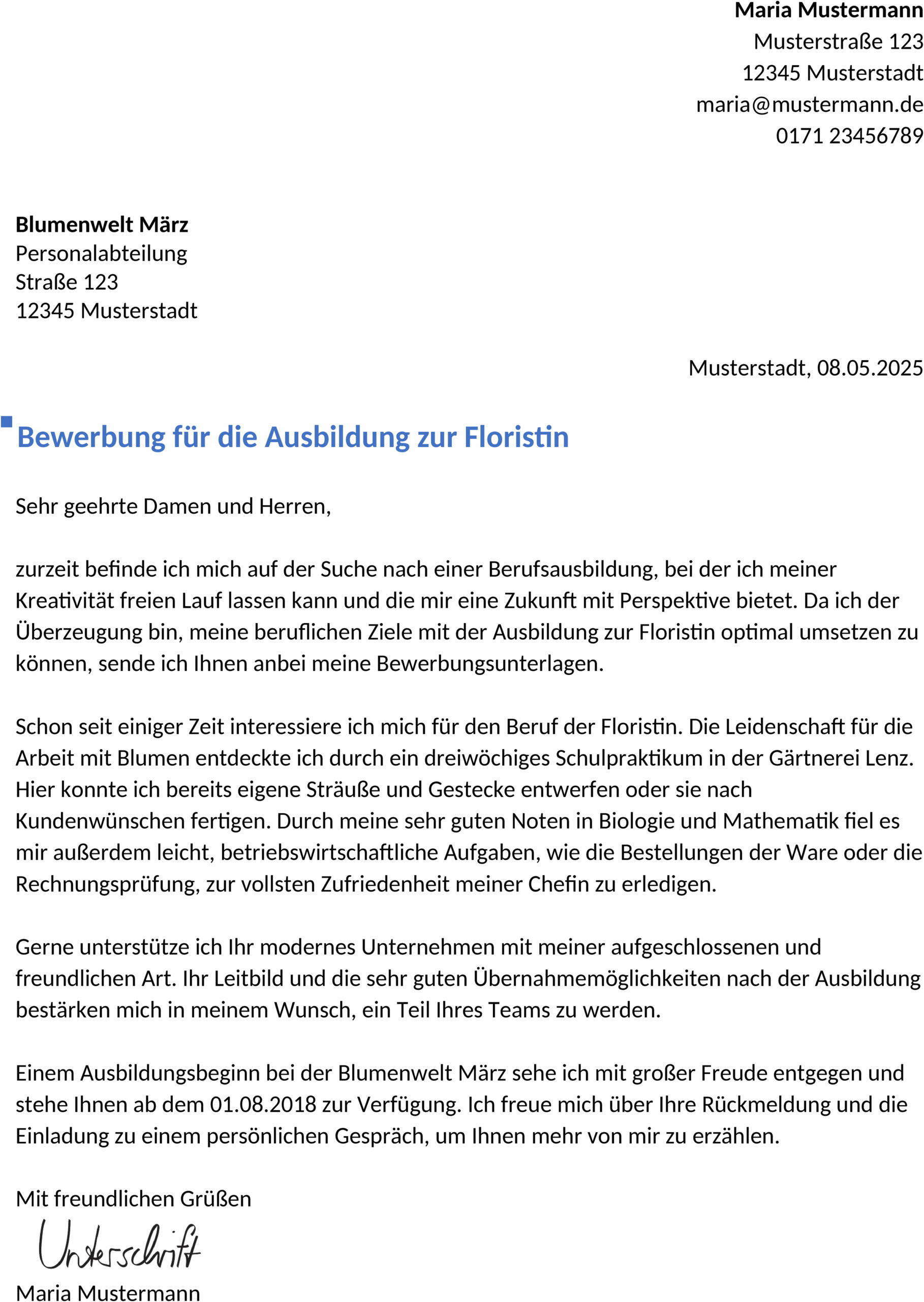 Word-Vorlage für Bewerbung als Florist*in