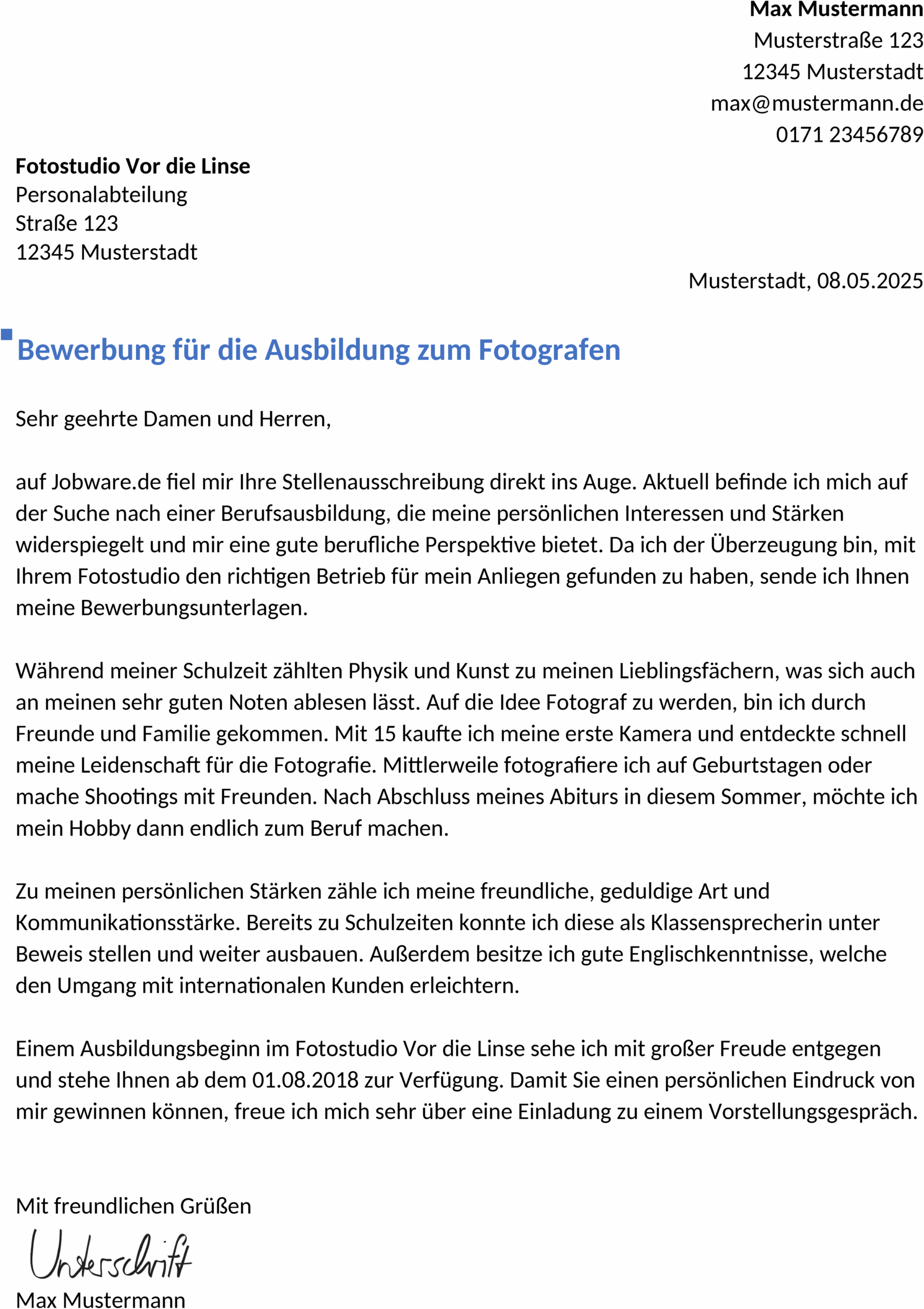 Word-Vorlage Bewerbung Fotograf/in Ausbildung