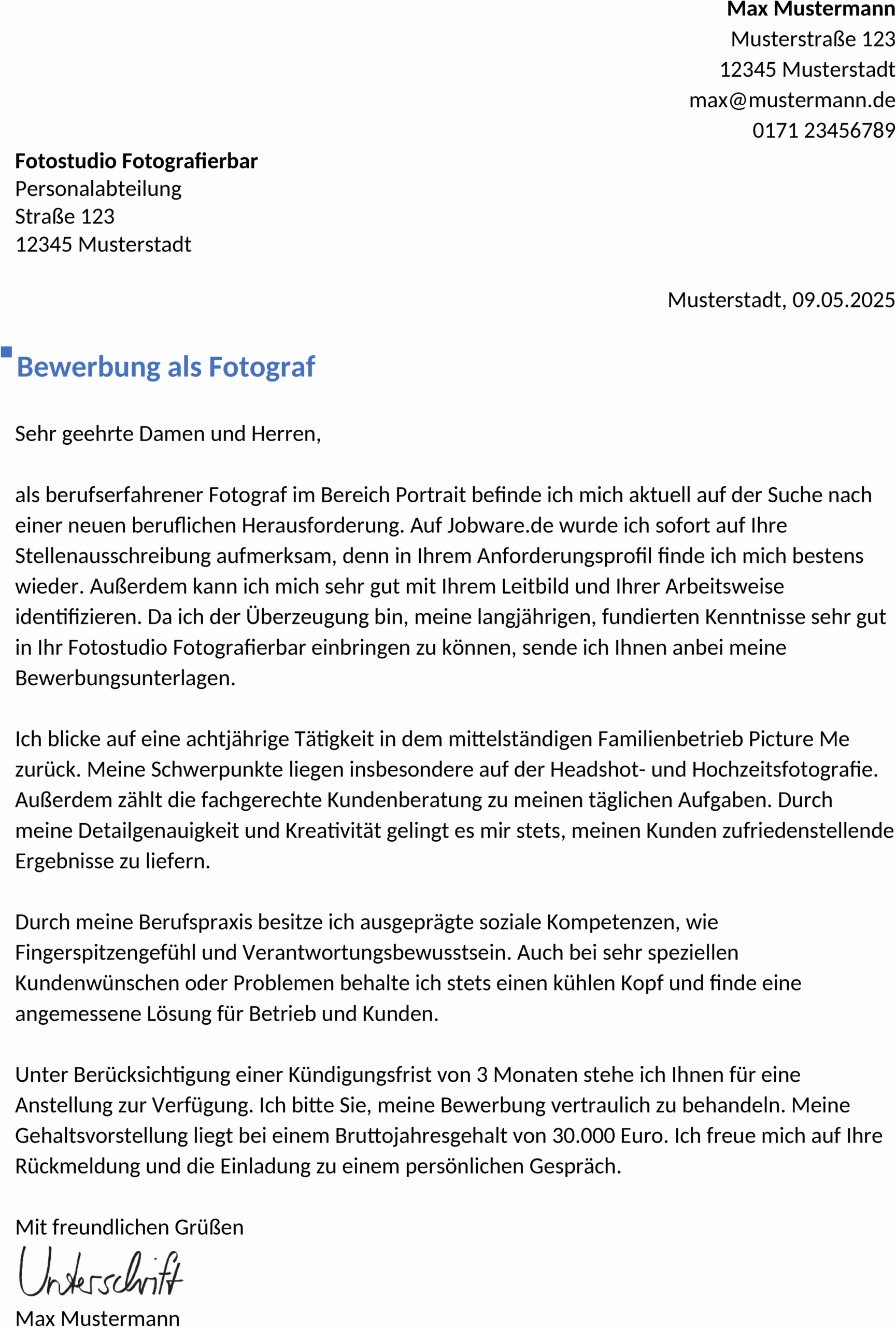Word Vorlage Bewerbung Fotograf:in Berufserfahren
