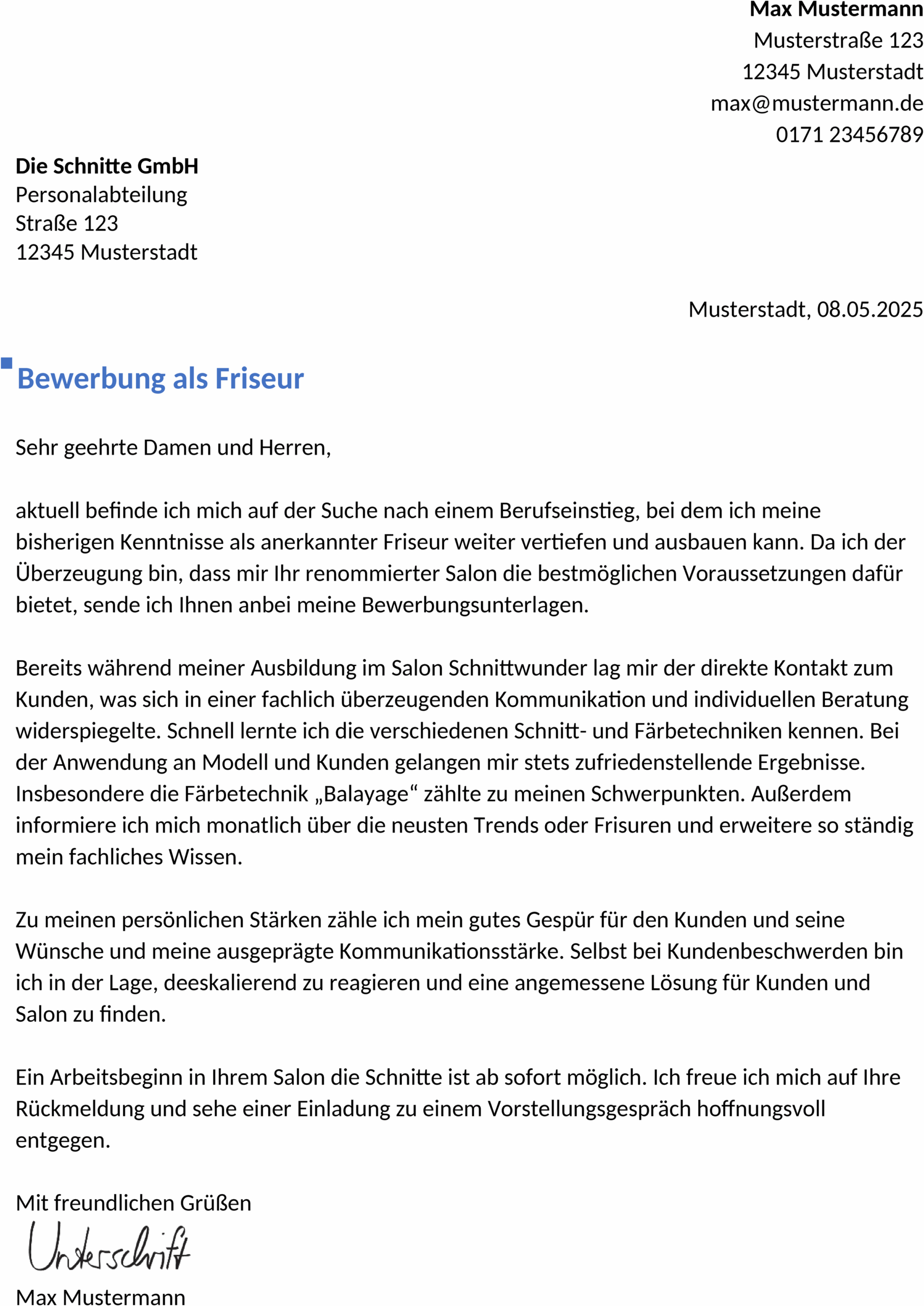 Word-Vorlage Bewerbung Friseur Berufseinstieg