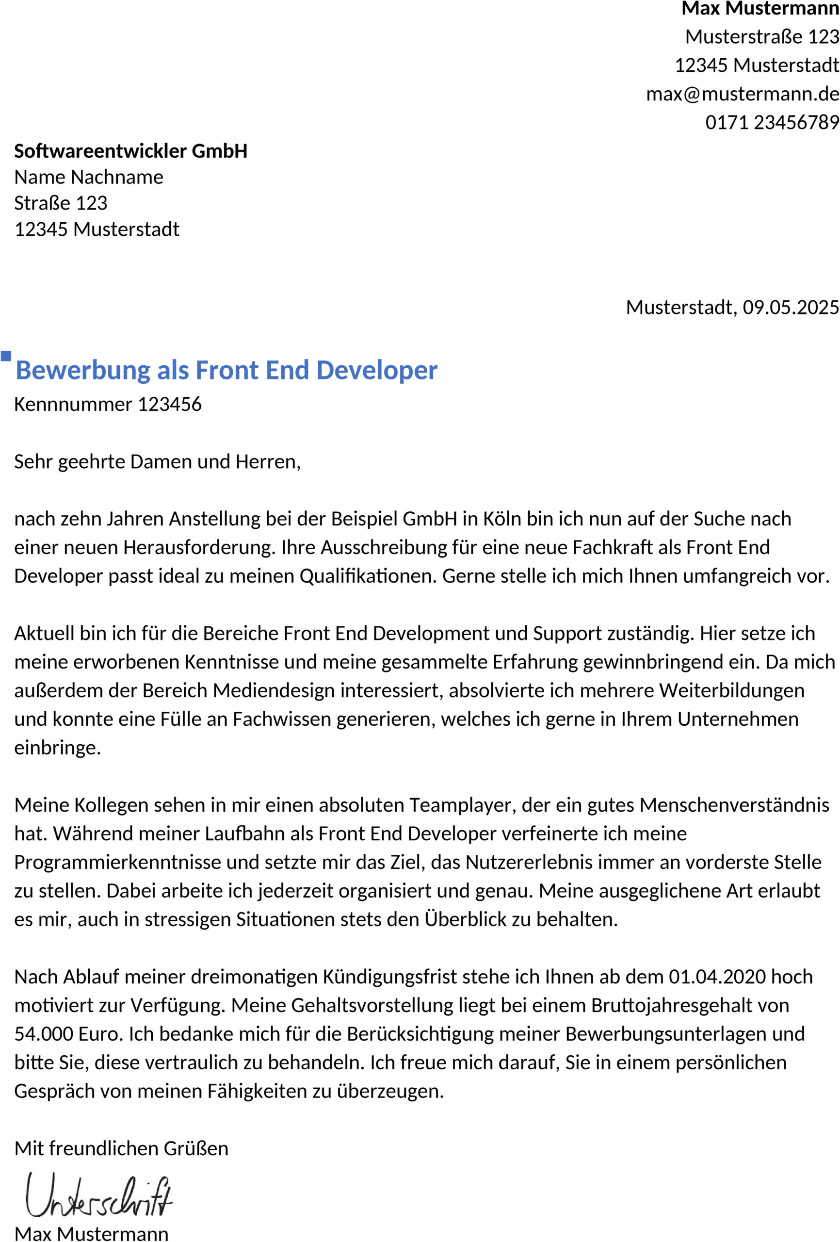 Word-Vorlage für Berufserfahrene im Bereich Front-End-Entwicklung