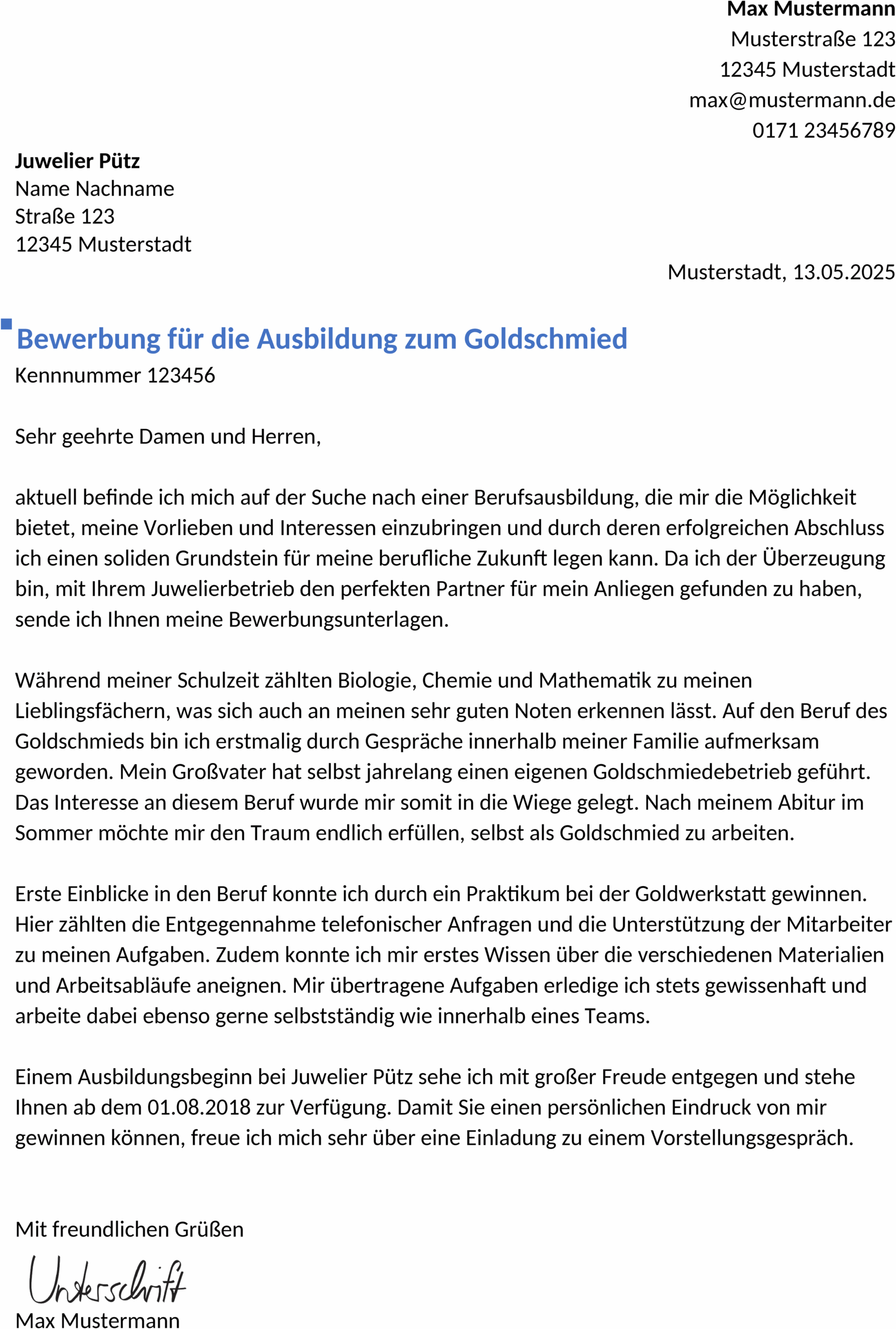 Bewerbungsvorlage GoldschmiedIn Ausbildung