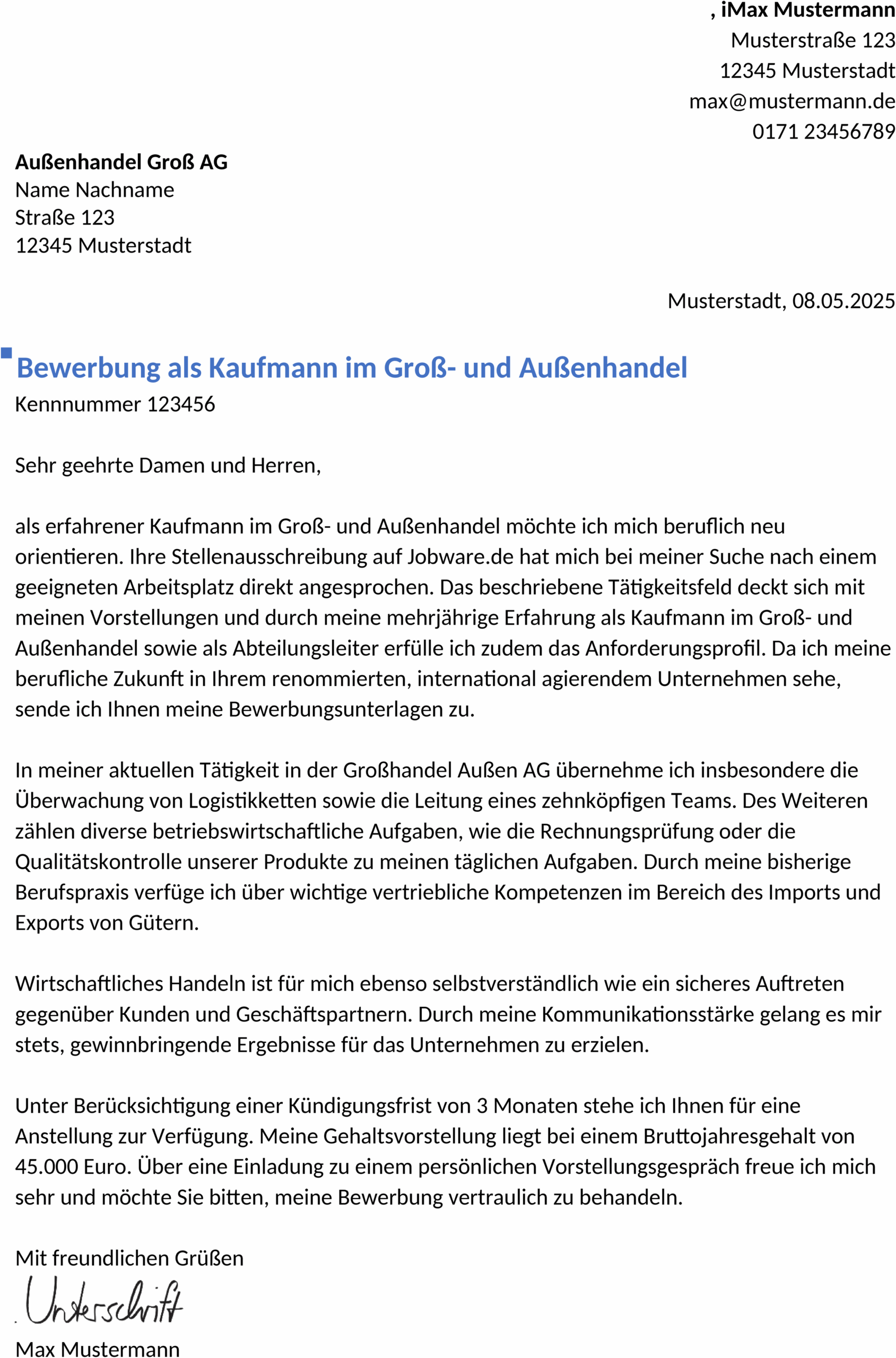 Word-Vorlage für Bewerbung im Großaußenhandel