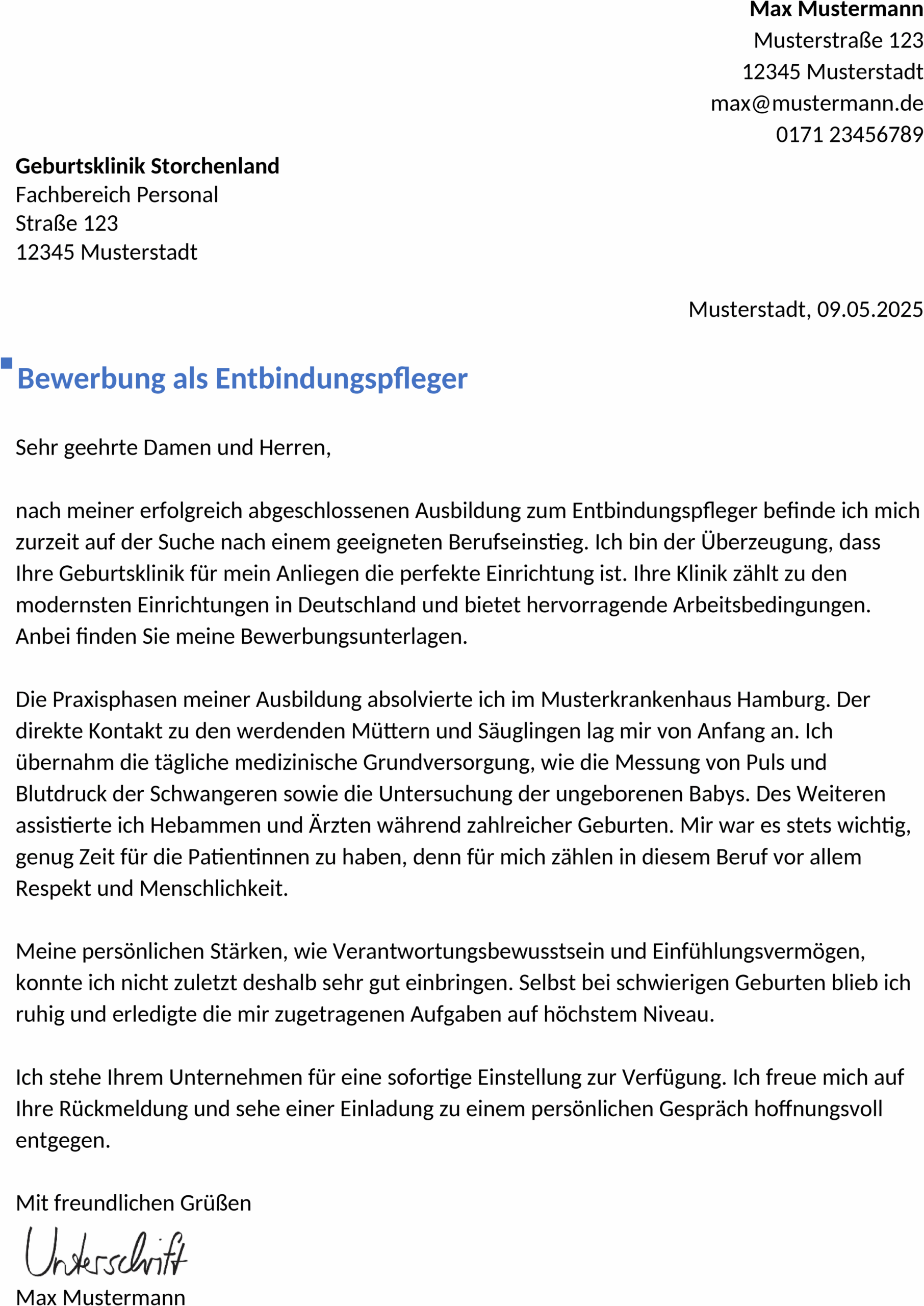 Word-Vorlage Bewerbung Hebamme Berufseinstieg