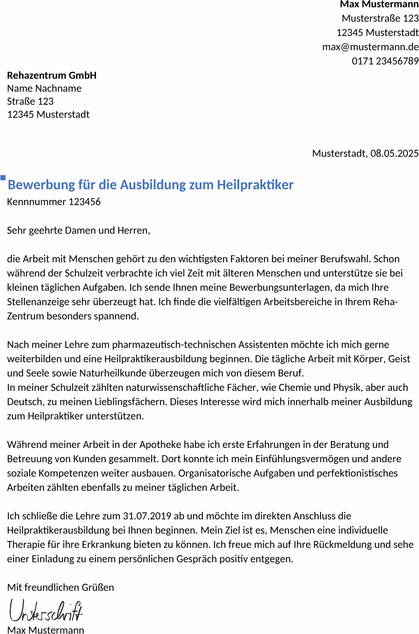 Bewerbungsvorlage Heilpraktikerausbildung Word