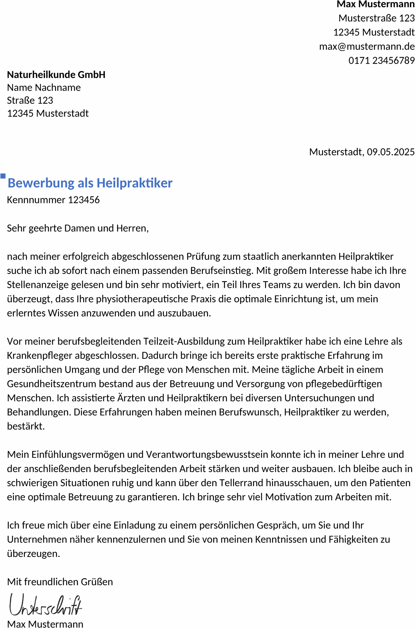 Word-Vorlage Bewerbung für Heilpraktiker im Berufseinstieg