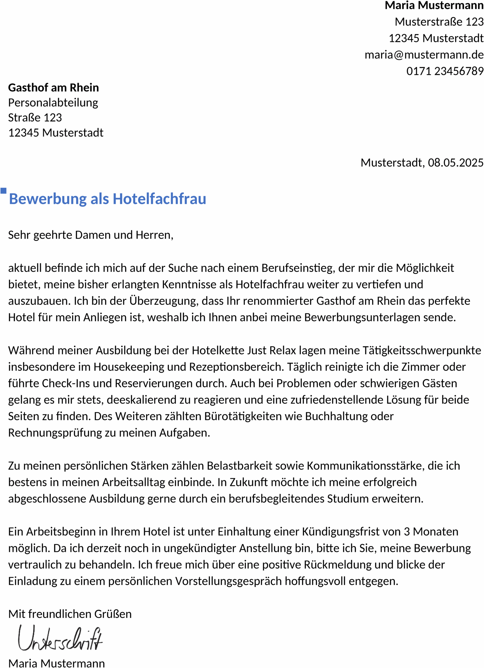 Word-Vorlage: Bewerbung Hotelfachmann Berufseinstieg