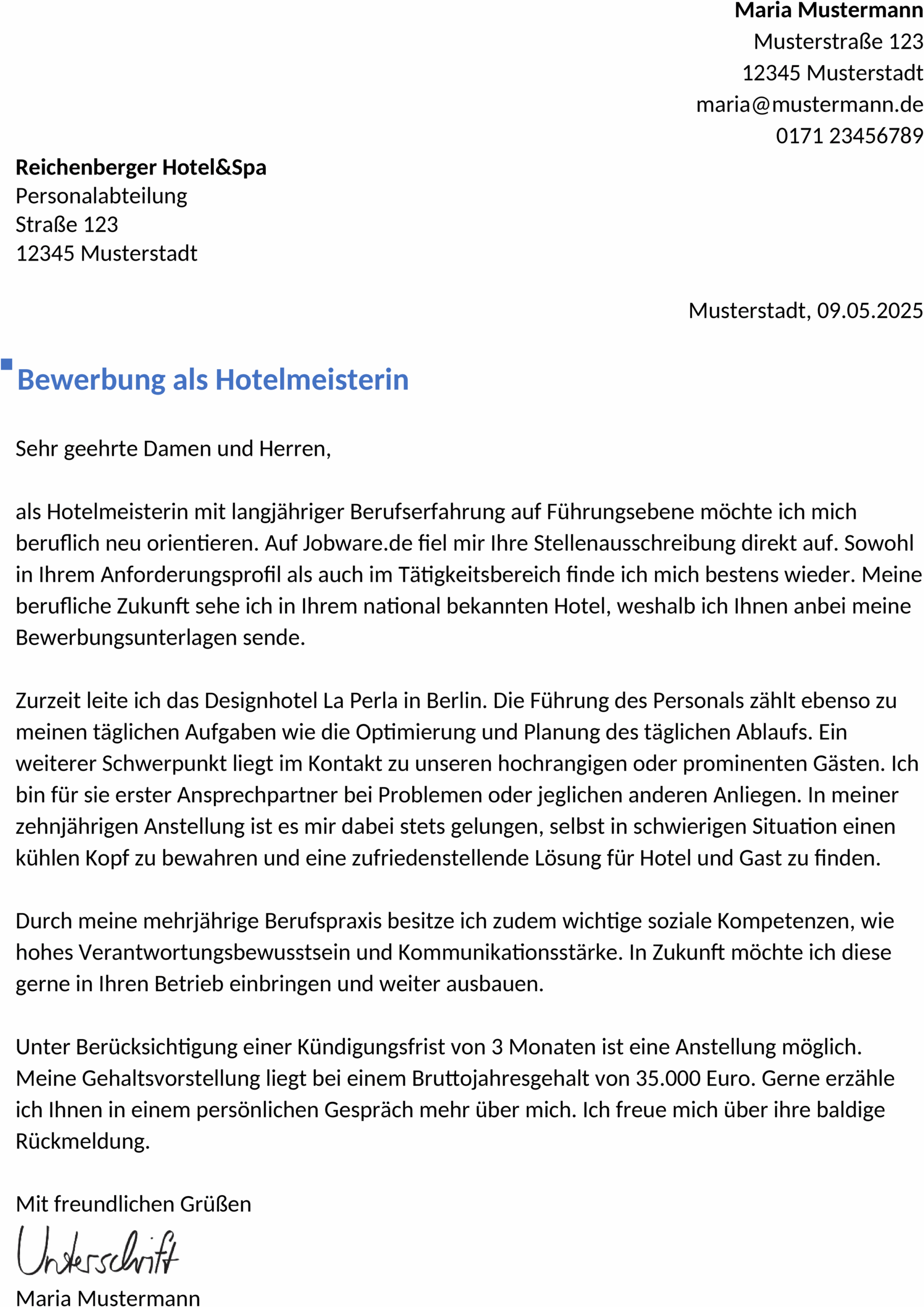 Word-Vorlage Bewerbung Hotelfachmann/-frau Berufserfahren