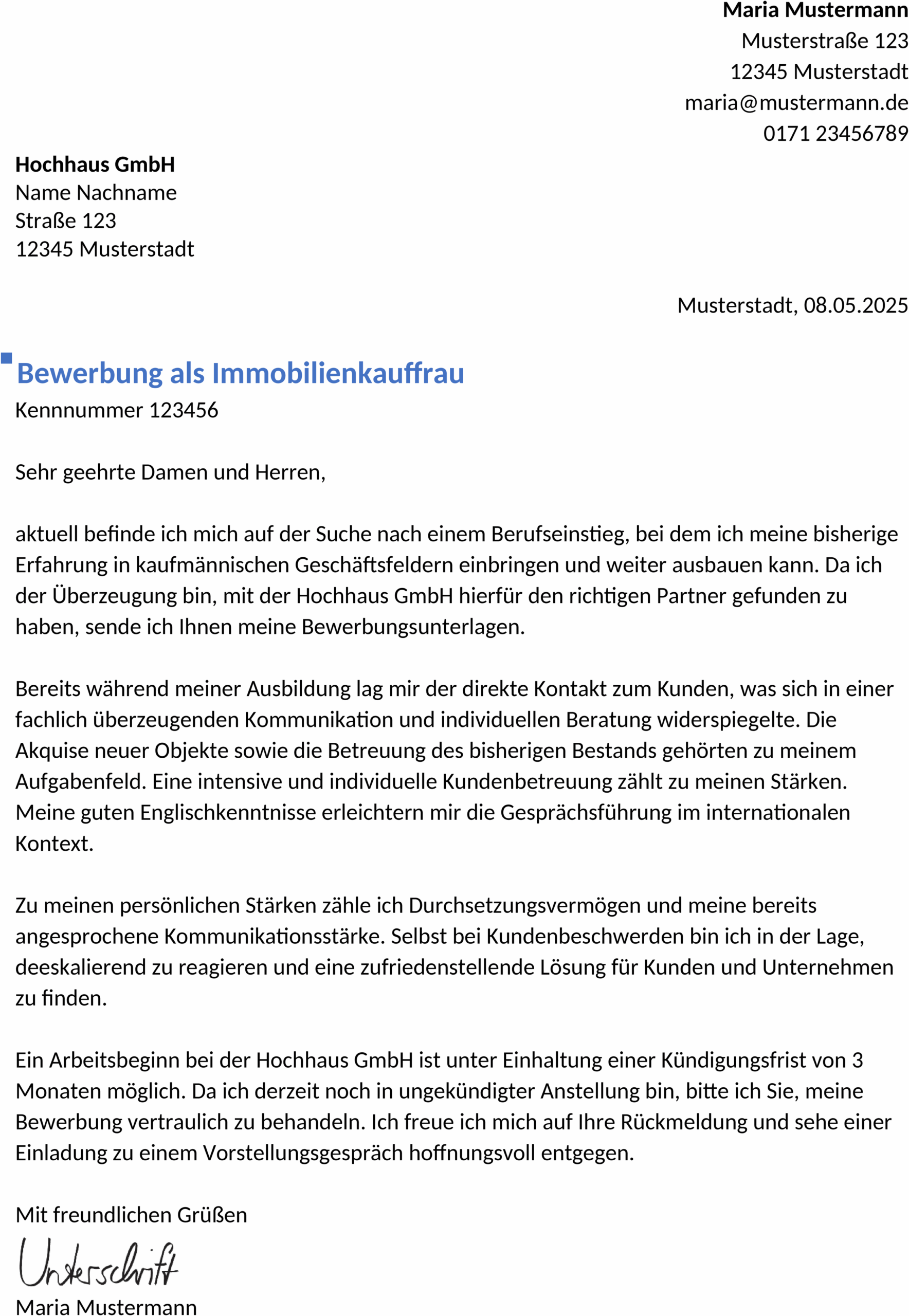 Word-Vorlage Bewerbung Immobilienkaufmann