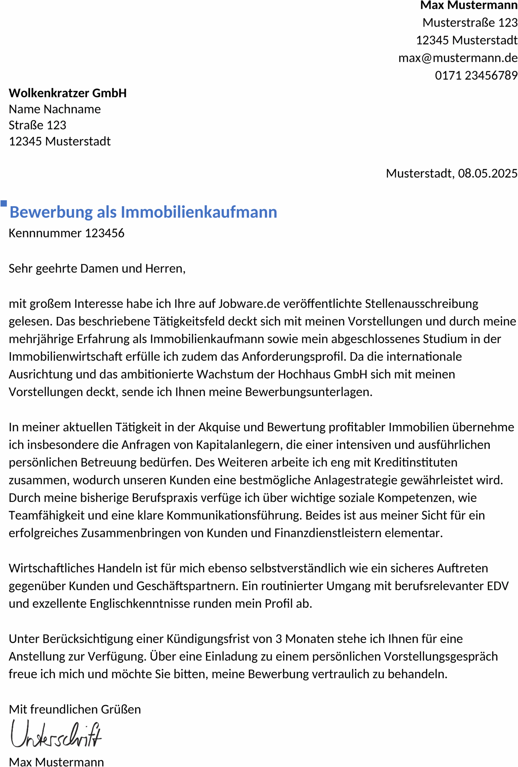 Word-Vorlage Bewerbung Immobilienkaufmann/-frau Berufserfahren