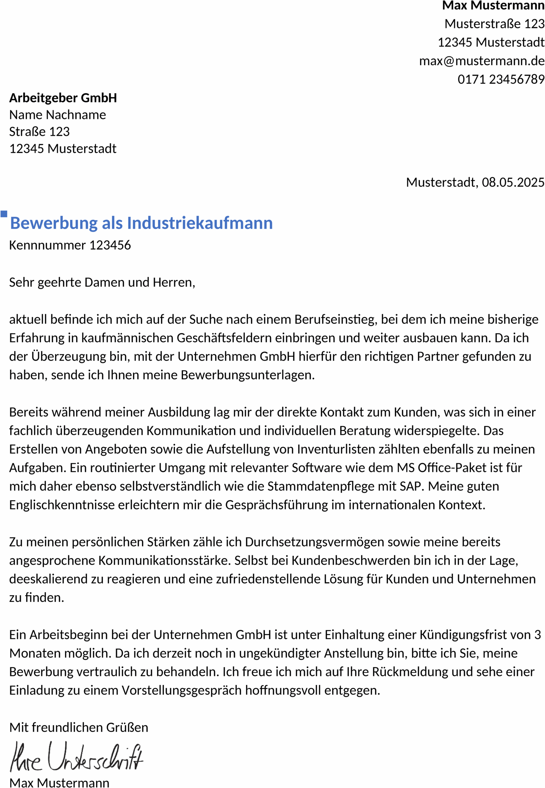 Bewerbungsvorlage Industriekaufmann/-frau Berufseinstieg