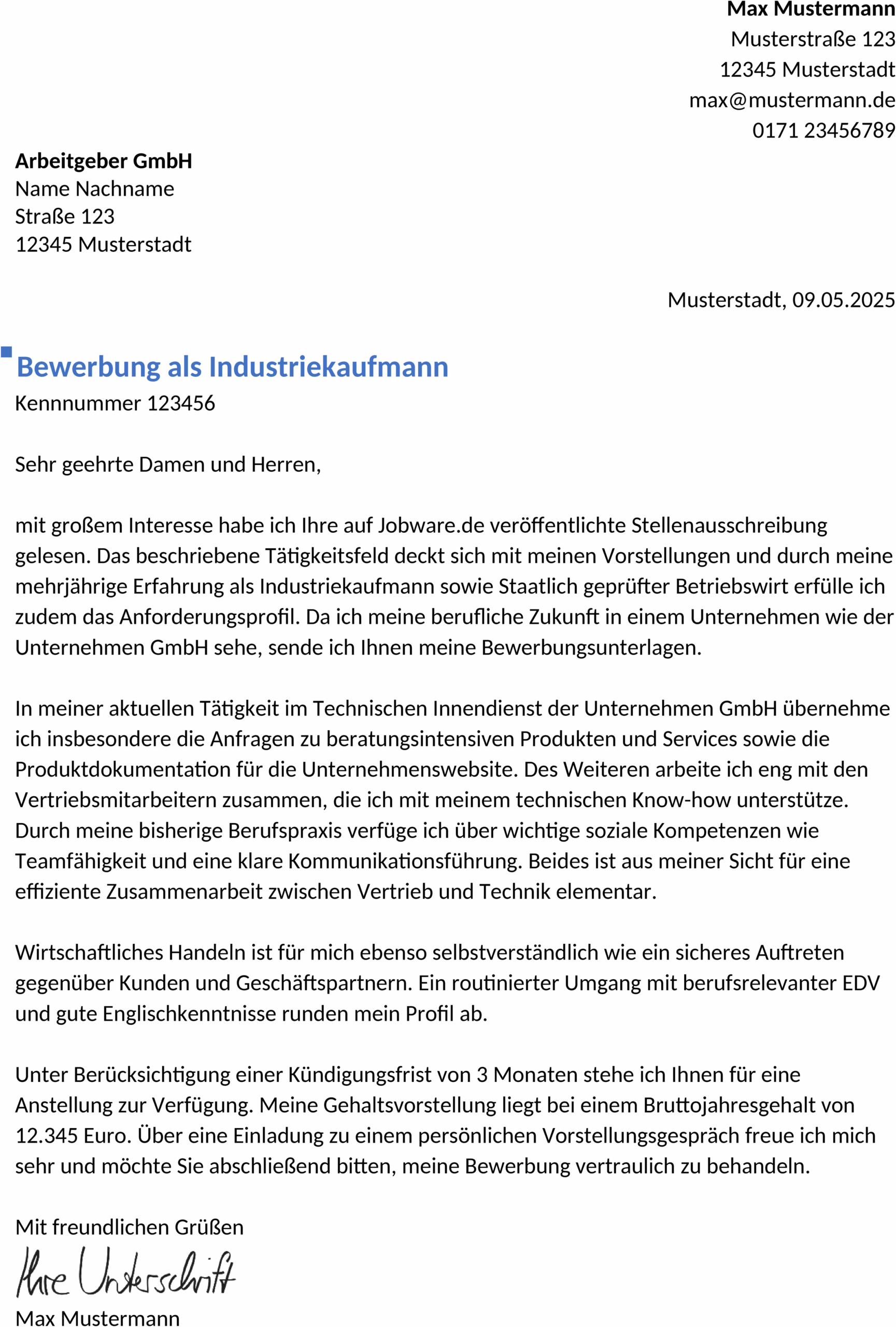 Bewerbung Vorlage Industriekaufmann Frau Berufserfahren