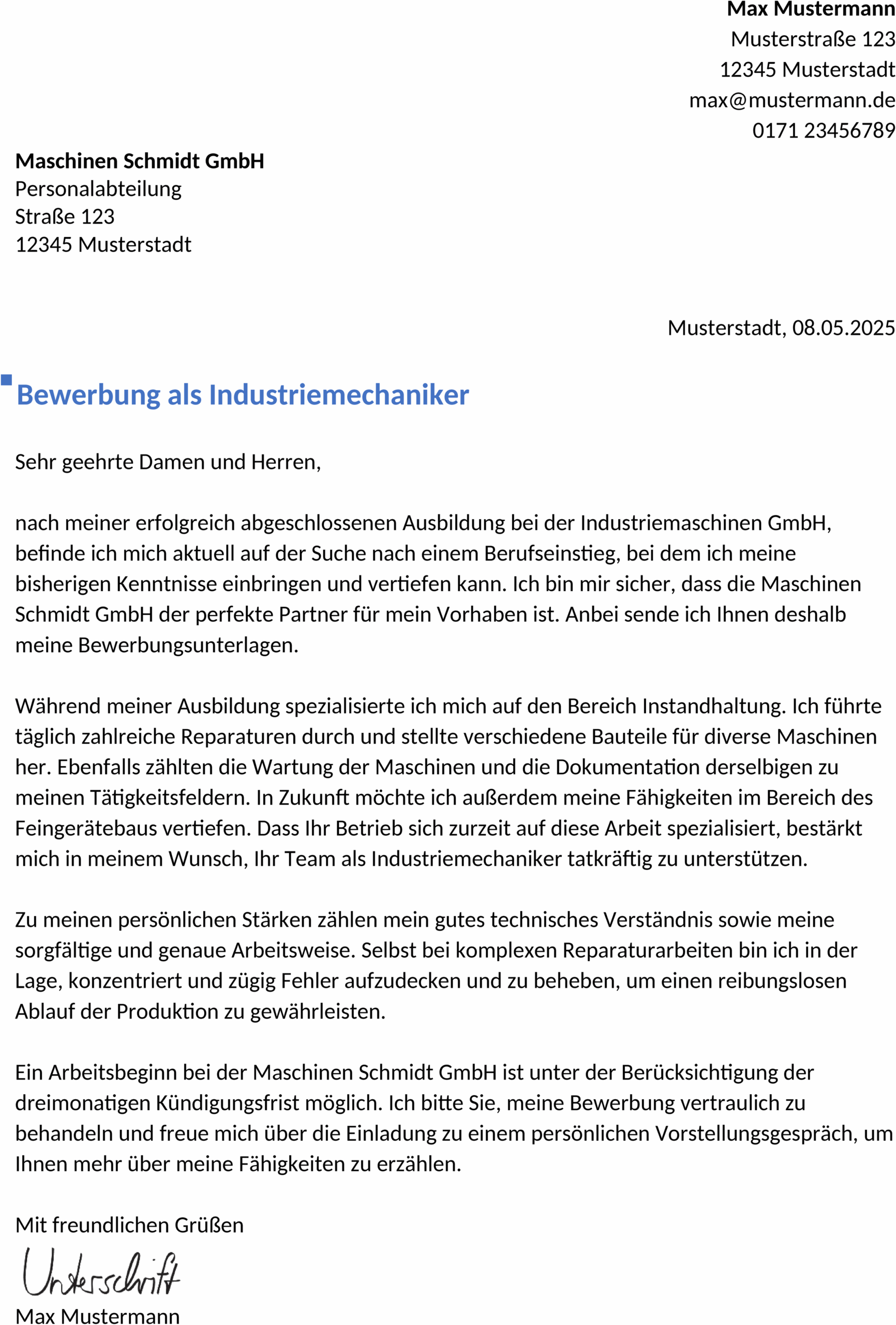 Word-Vorlage Bewerbung Industriemechaniker:in Berufseinstieg