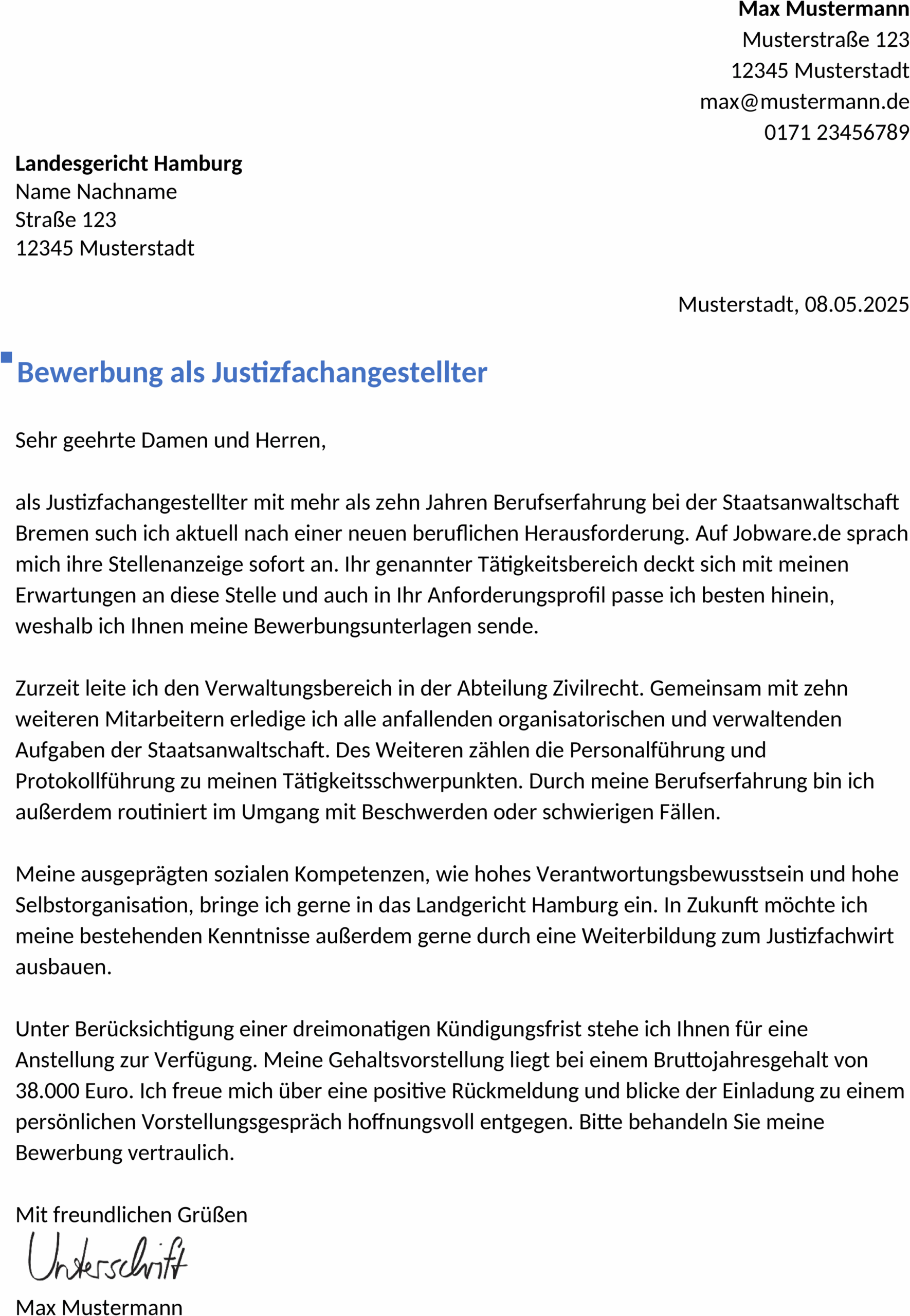 Word-Vorlage Bewerbung Justizfachangestellte Berufserfahren
