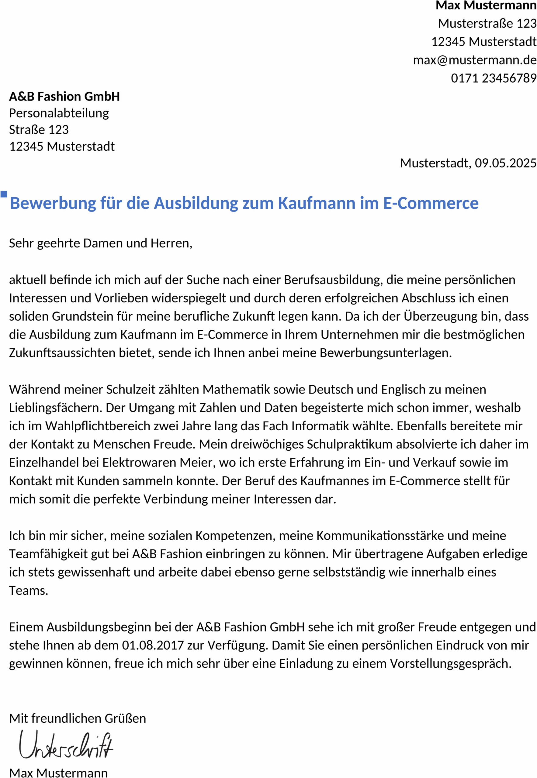 Bewerbungsvorlage Kaufmann E-Commerce Ausbildung Word