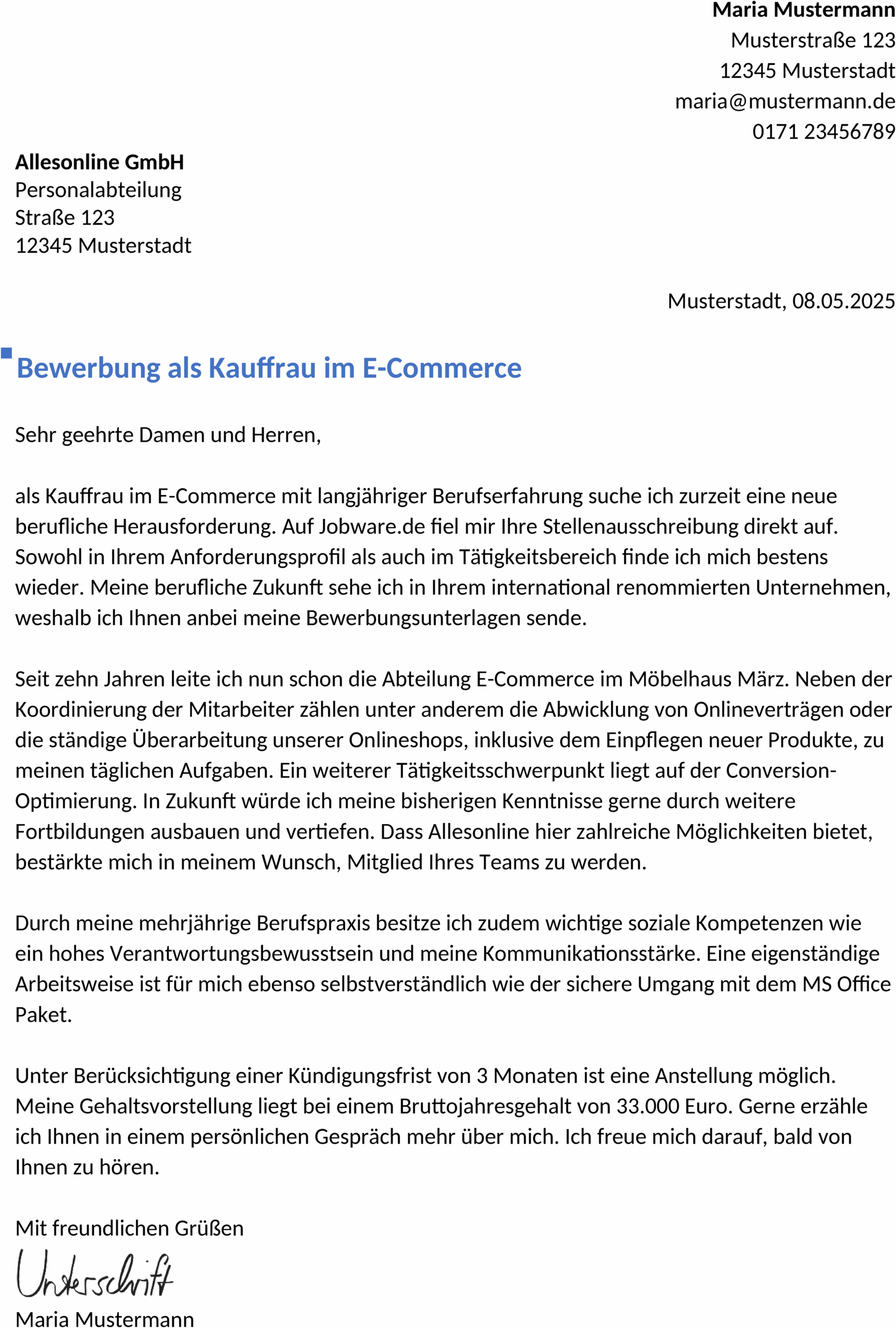 Word Vorlage Bewerbung Berufserfahren E-Commerce