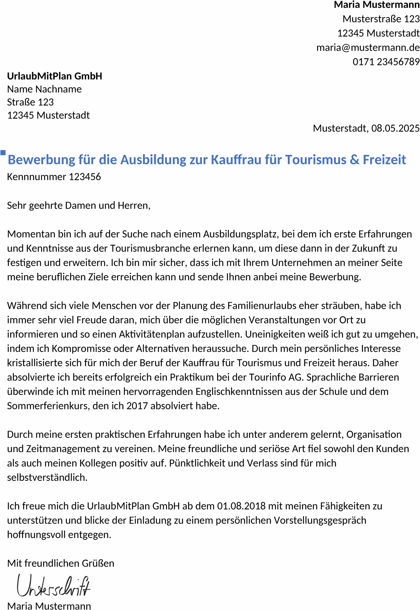 Bewerbungsvorlage als Word-Datei für Tourismus und Freizeit