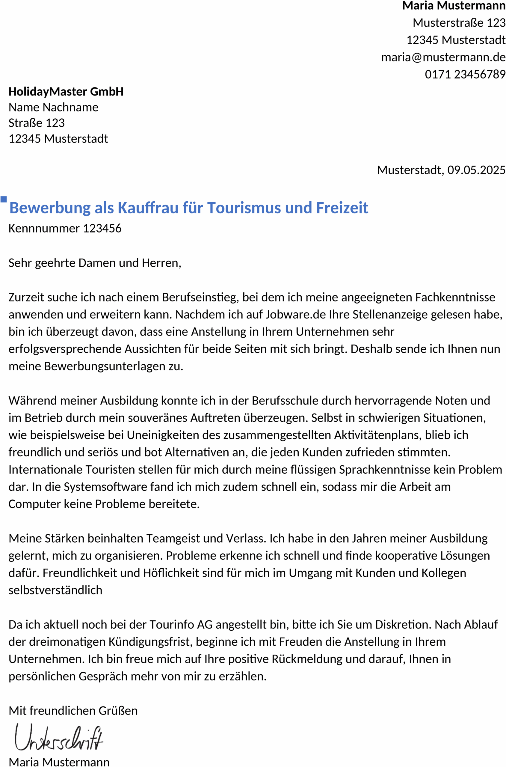 Word-Vorlage Bewerbung Kaufmann/Frau Tourismus und Freizeit Berufseinstieg